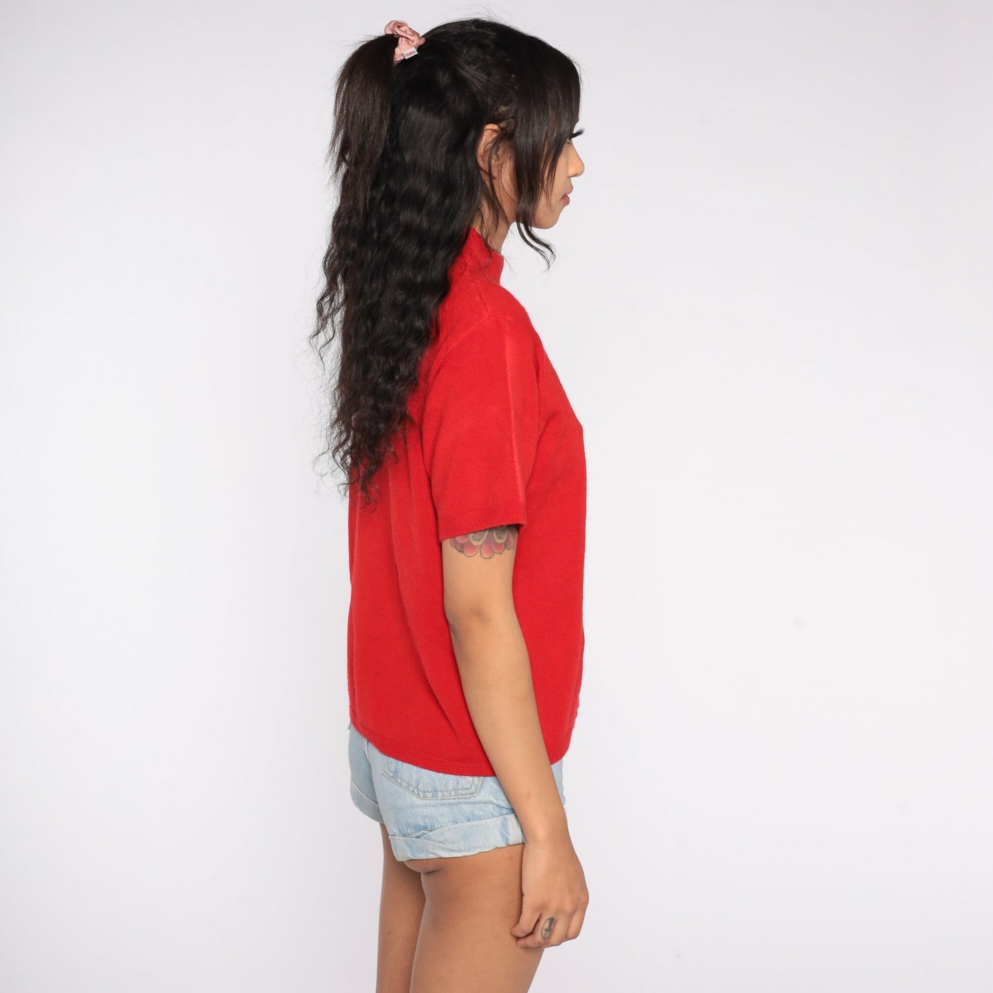 90s Red Knit Mock Neck Short Sleeve Top Medium M