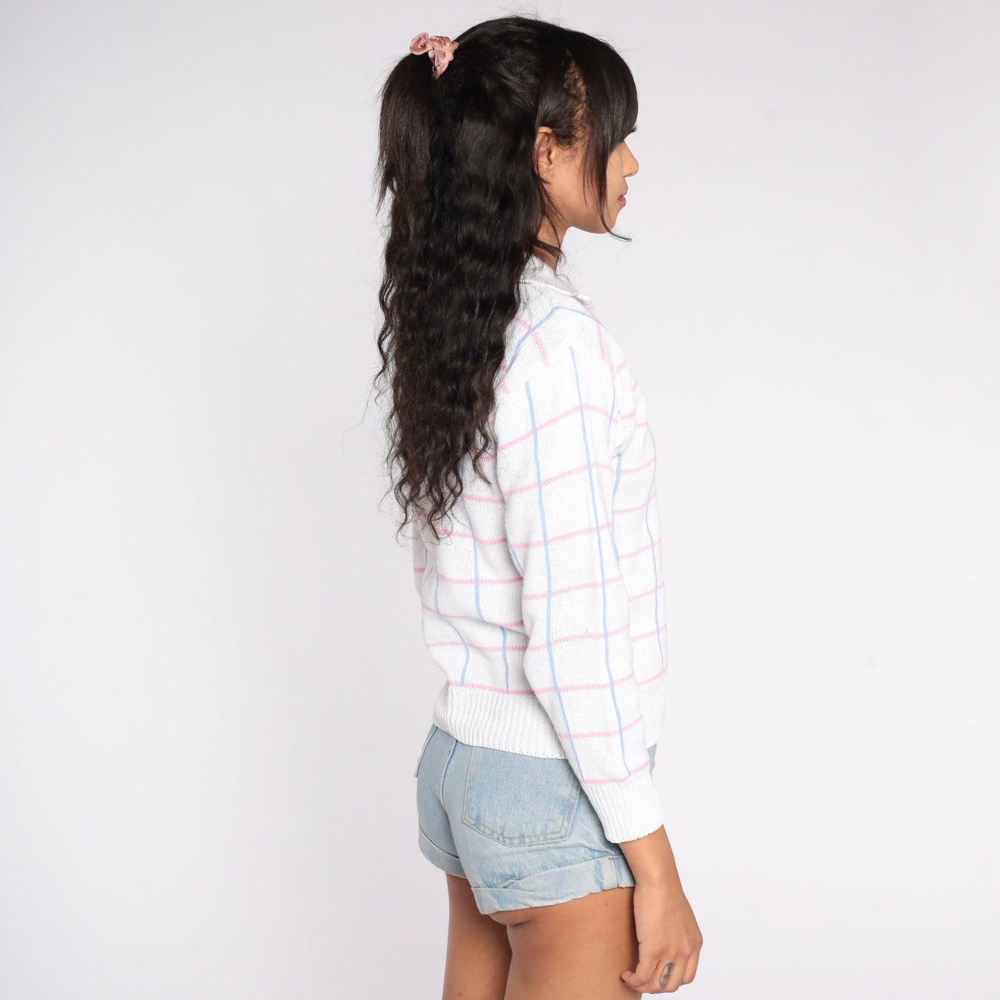 90s White Checkered Collared Sweater Blue Pink Cotton Ramie Knit Small