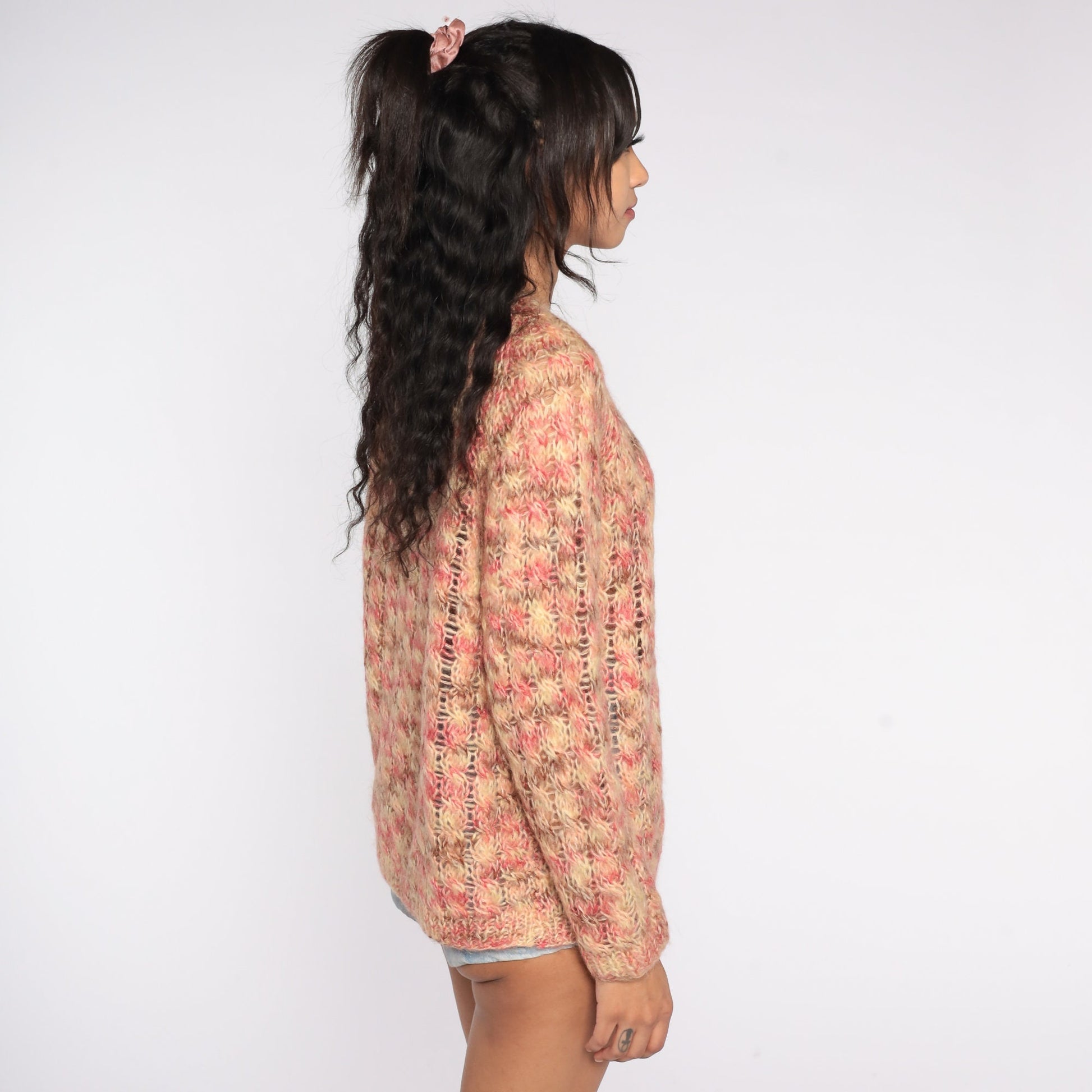 60s Cardigan Sweater Multicolor Pink Beige Brown Knit Button Up Large L