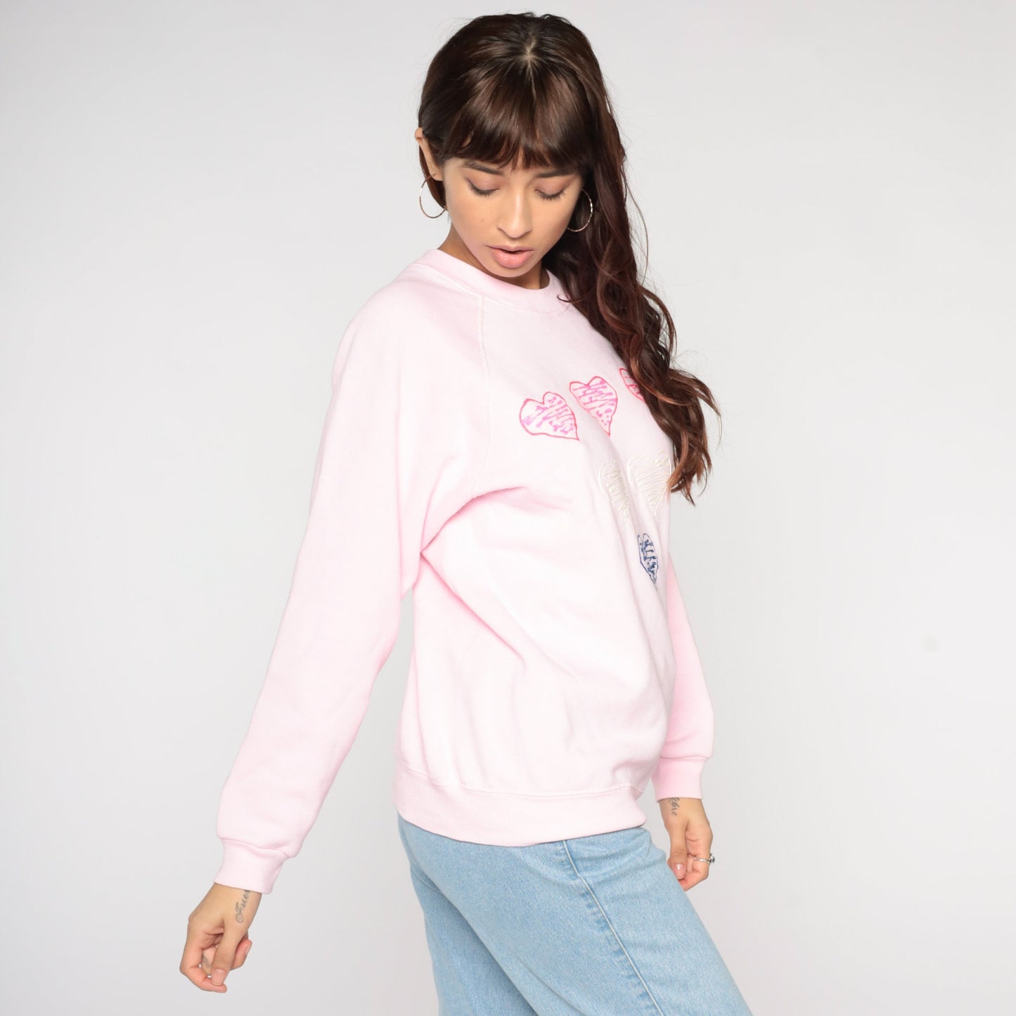 80s Hand Painted Heart Sweatshirt Baby Pink Raglan Graphic Large L