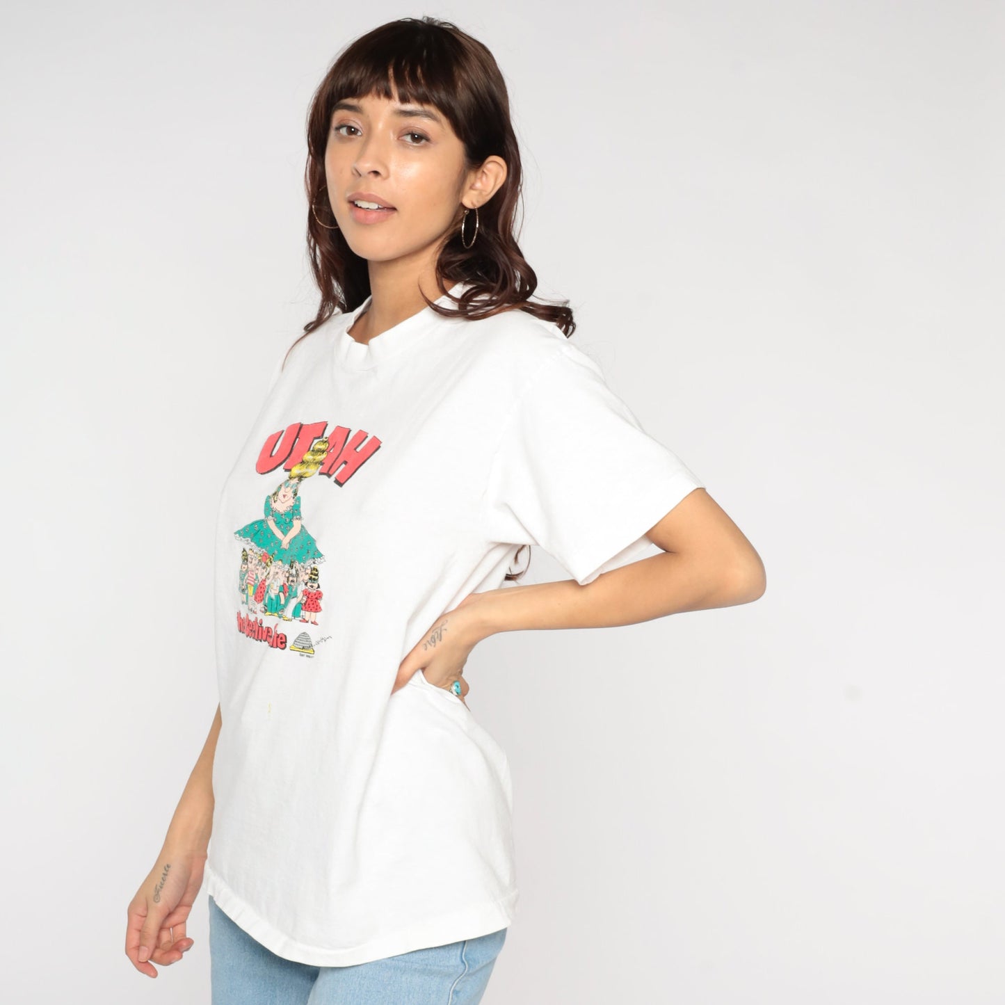 90s Utah Beehive State Graphic T-Shirt Single Stitch Cartoon Print Medium