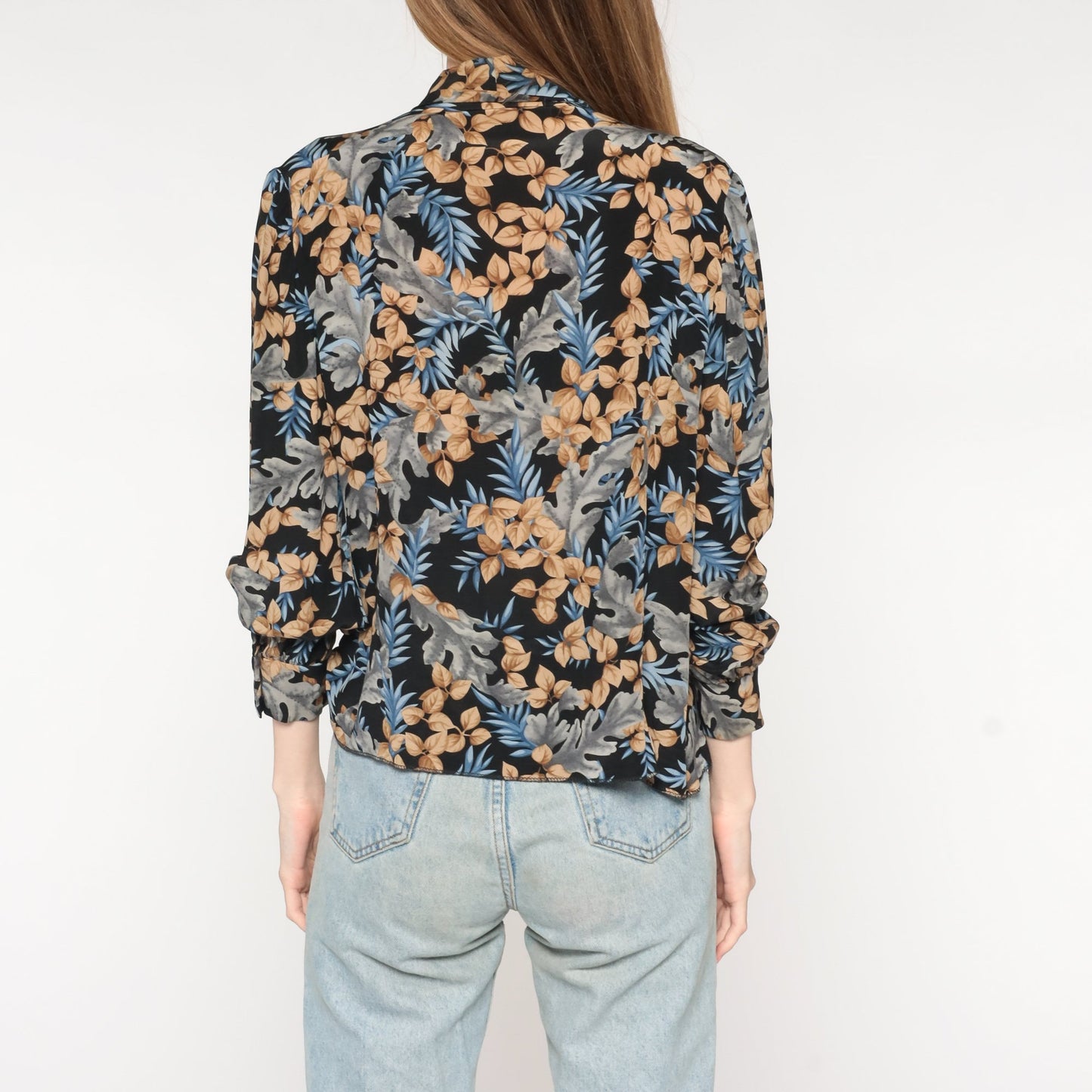 90s Black Leaf Print Ascot Blouse Long Sleeve Button Up Medium