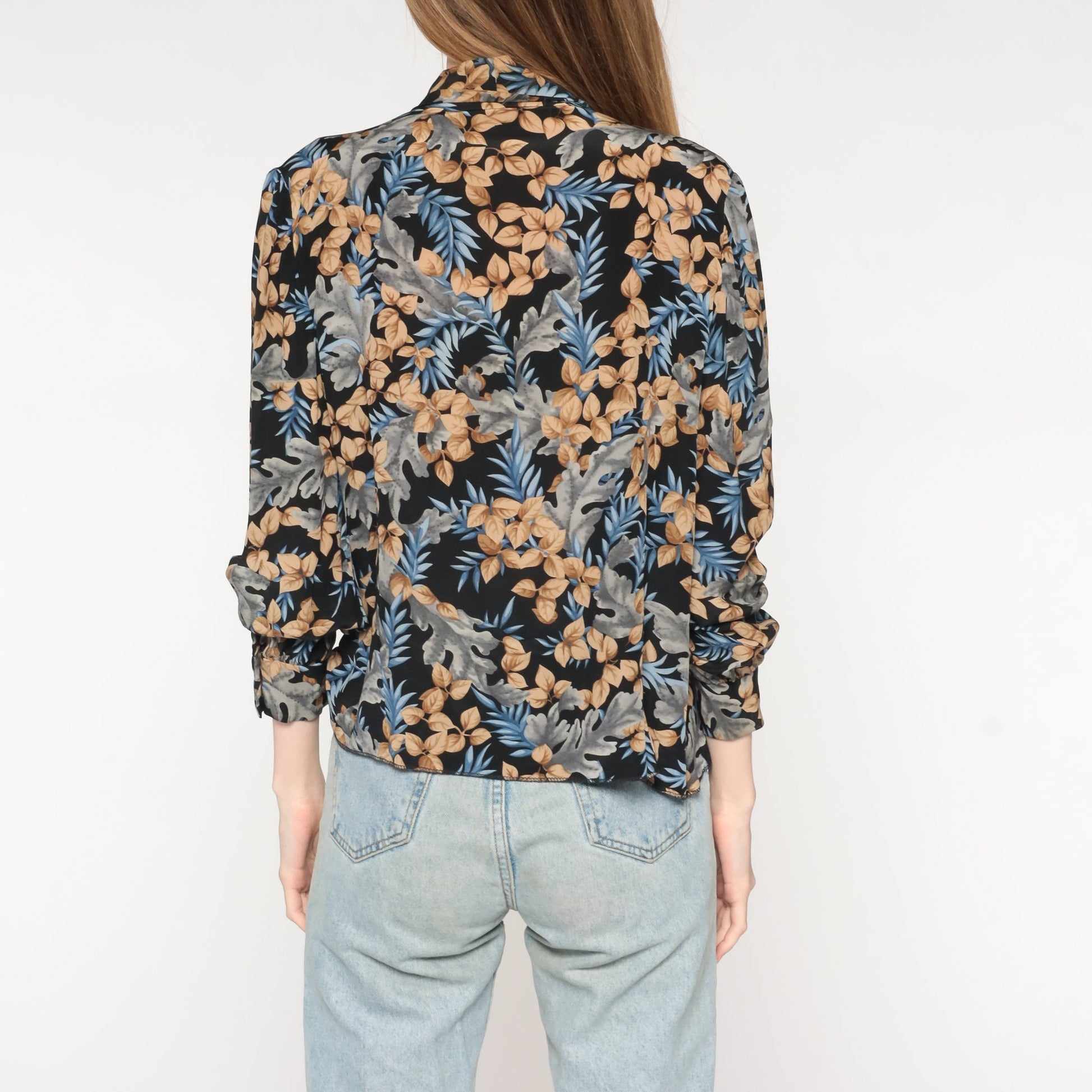 90s Black Leaf Print Ascot Blouse Long Sleeve Button Up Medium