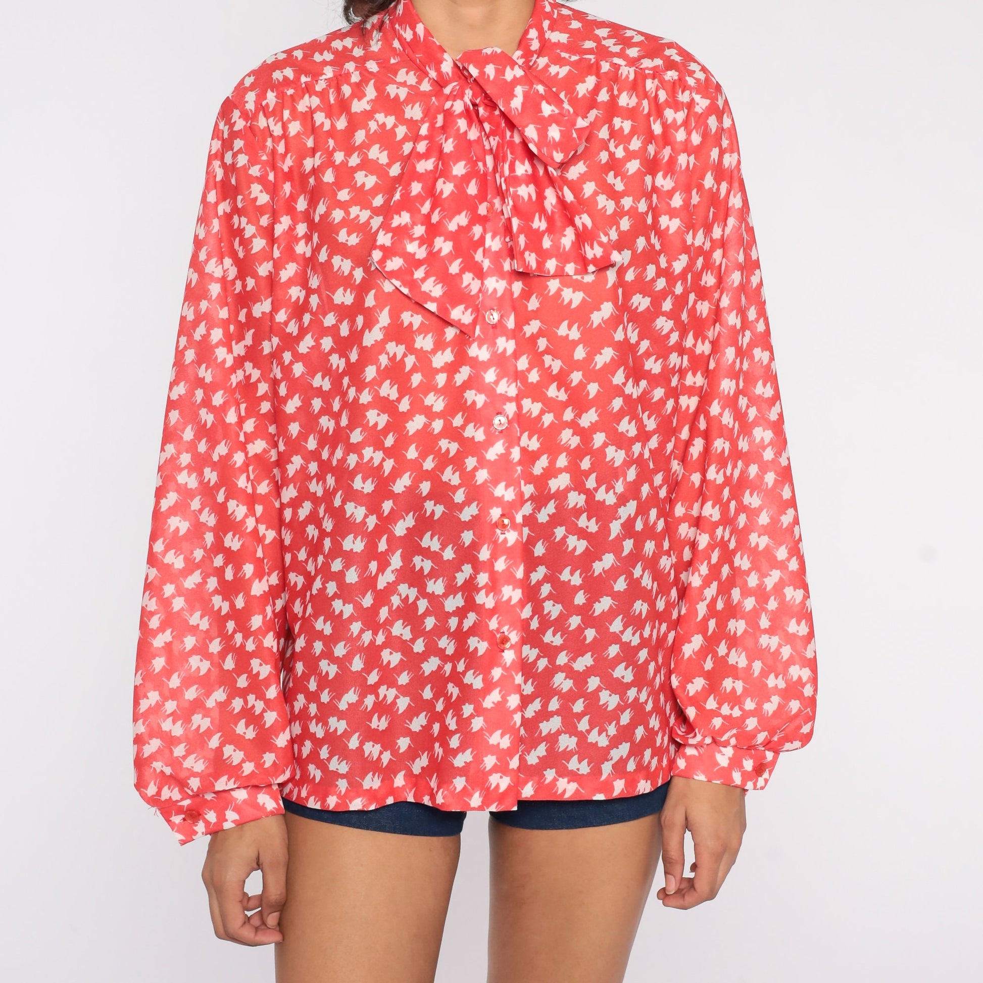 70s Red Abstract Leaf Print Ascot Blouse Long Sleeve Button Up Extra Large