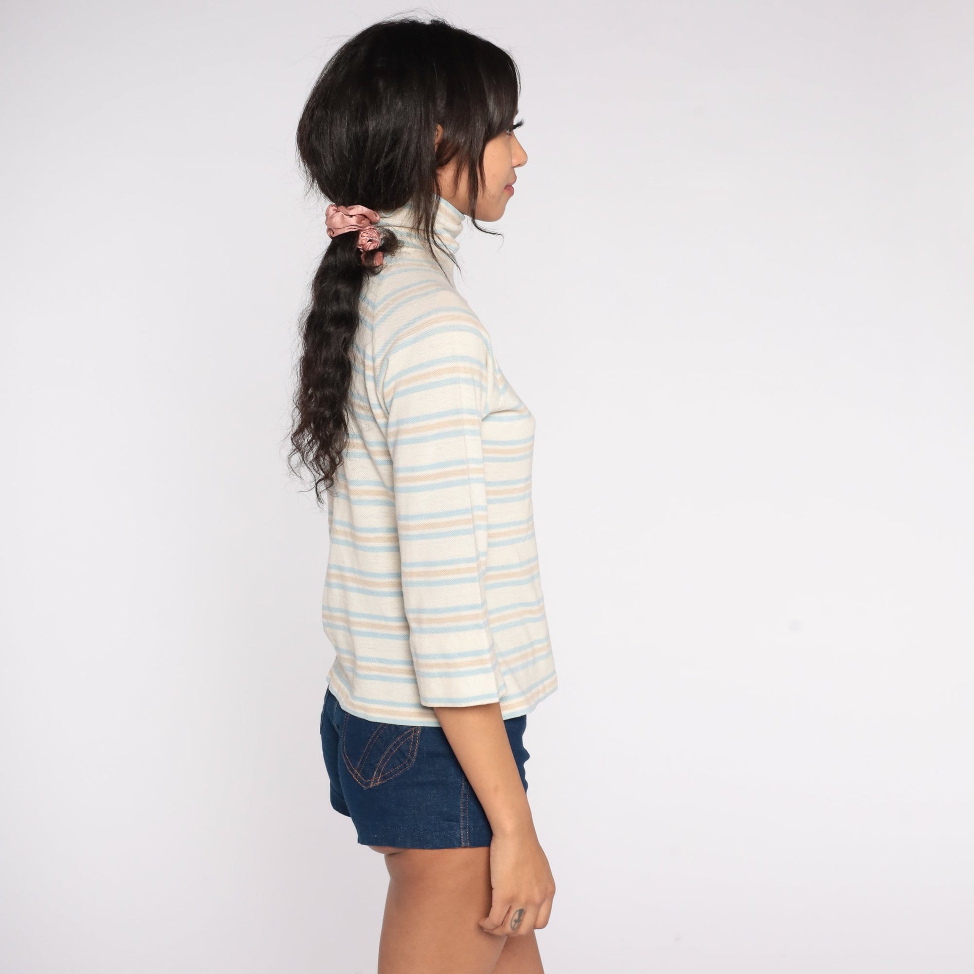70s Striped Turtleneck Raglan Sleeve Shirt Off-White Blue Small