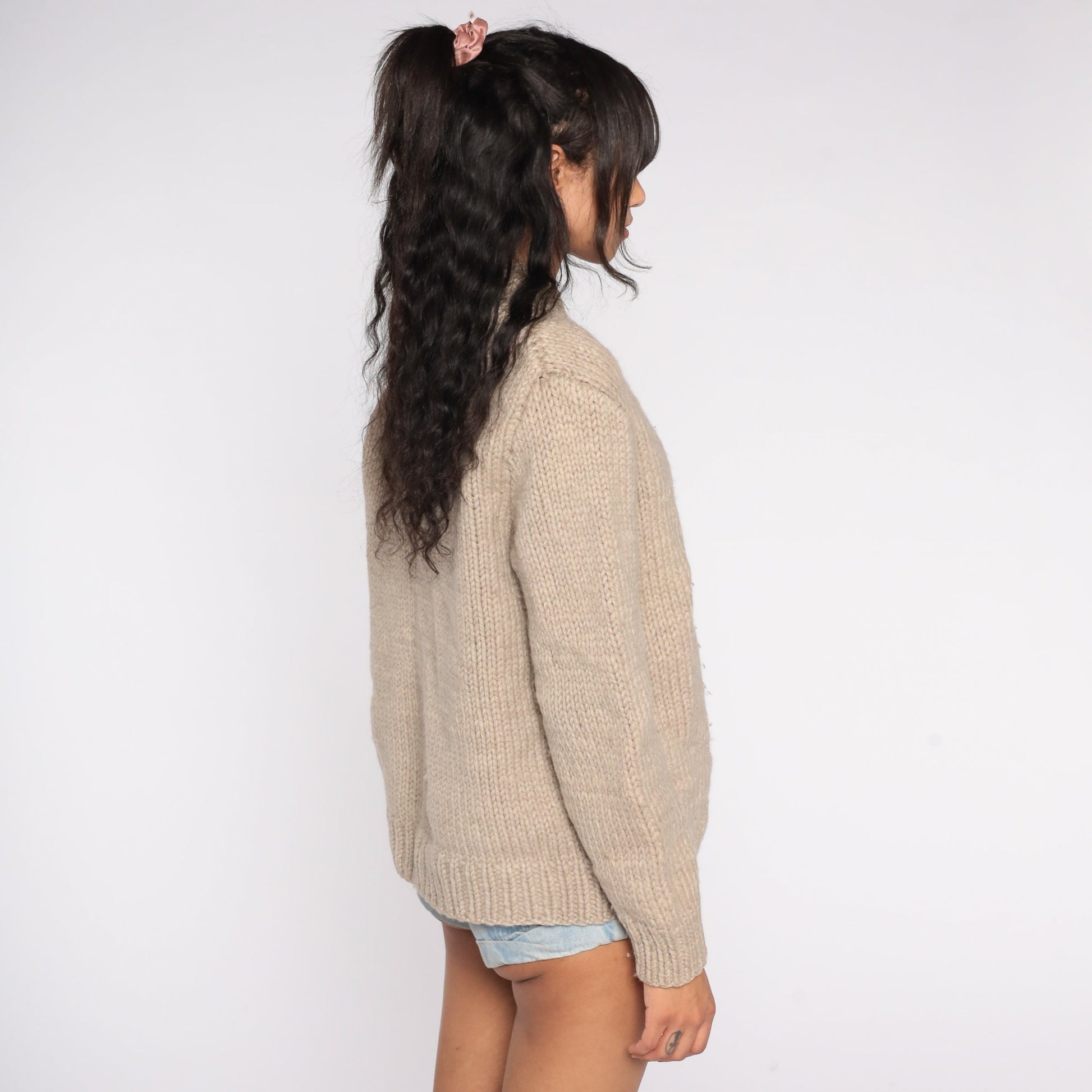 60s Taupe Wool Cardigan Button-Up Knit Sweater Large L