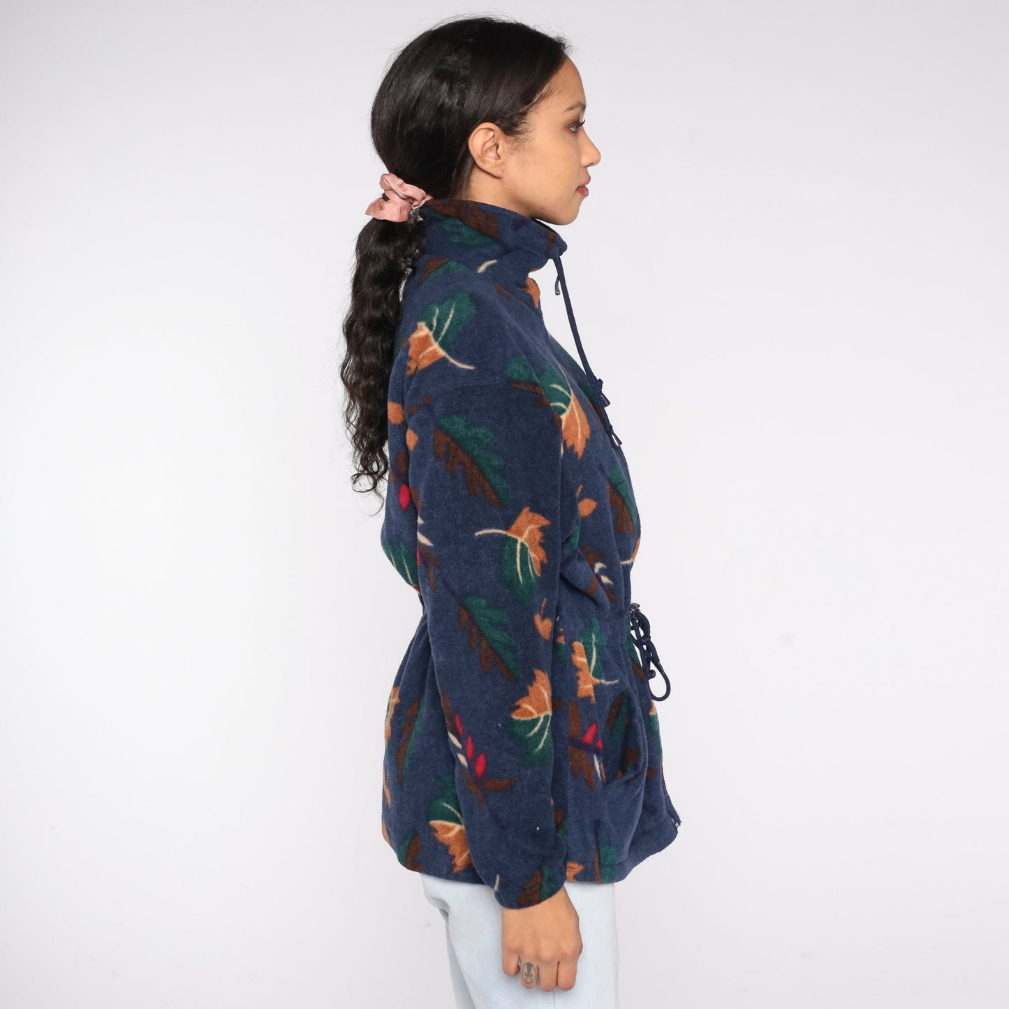 90s Navy Leaf Print Fleece Jacket Zip Up Windbreaker Medium
