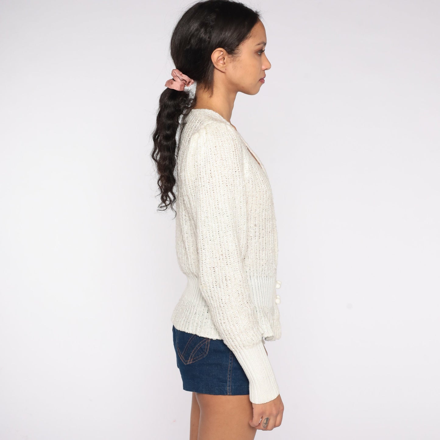 80s Off-White Deep V-Neck Cardigan Double Breasted Knit Sweater Medium M