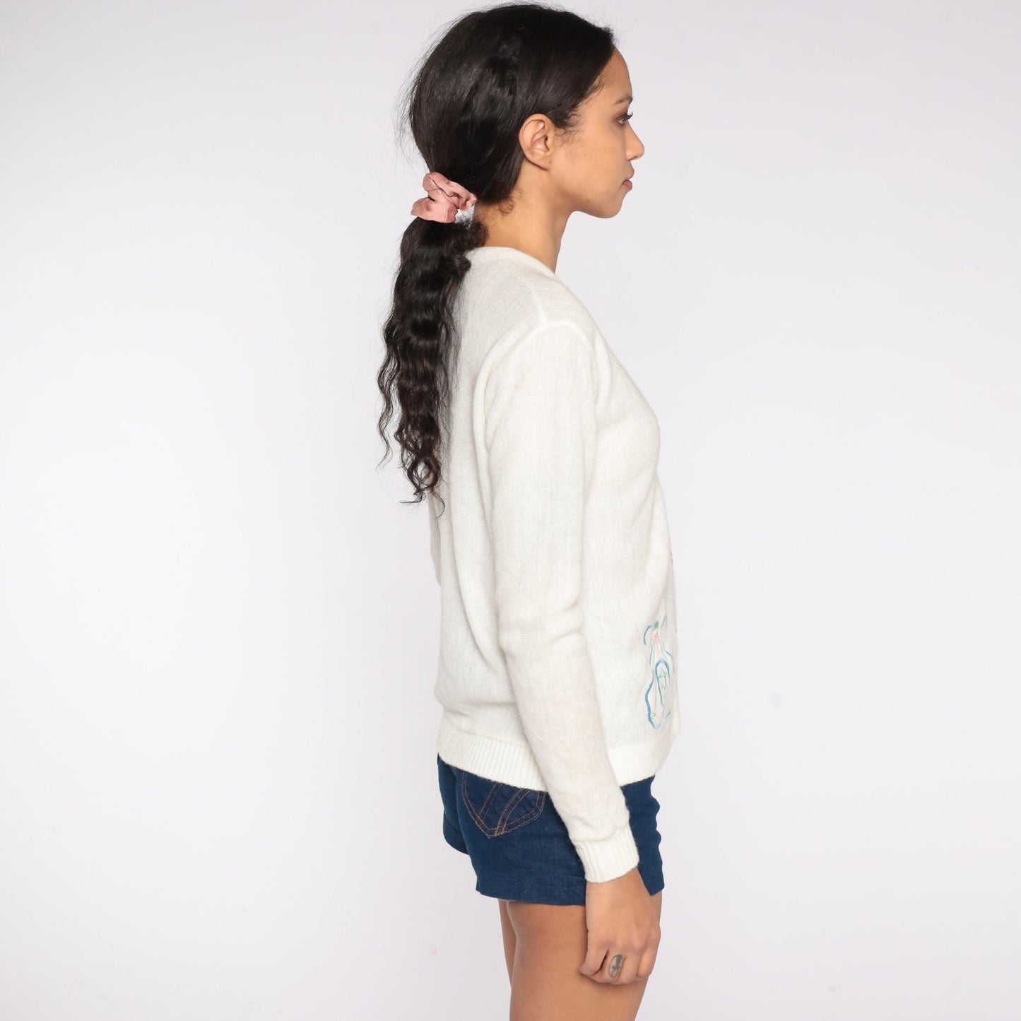 70s Golf Embroidered Cardigan Cream Knit Button-Up Sweater Extra Small