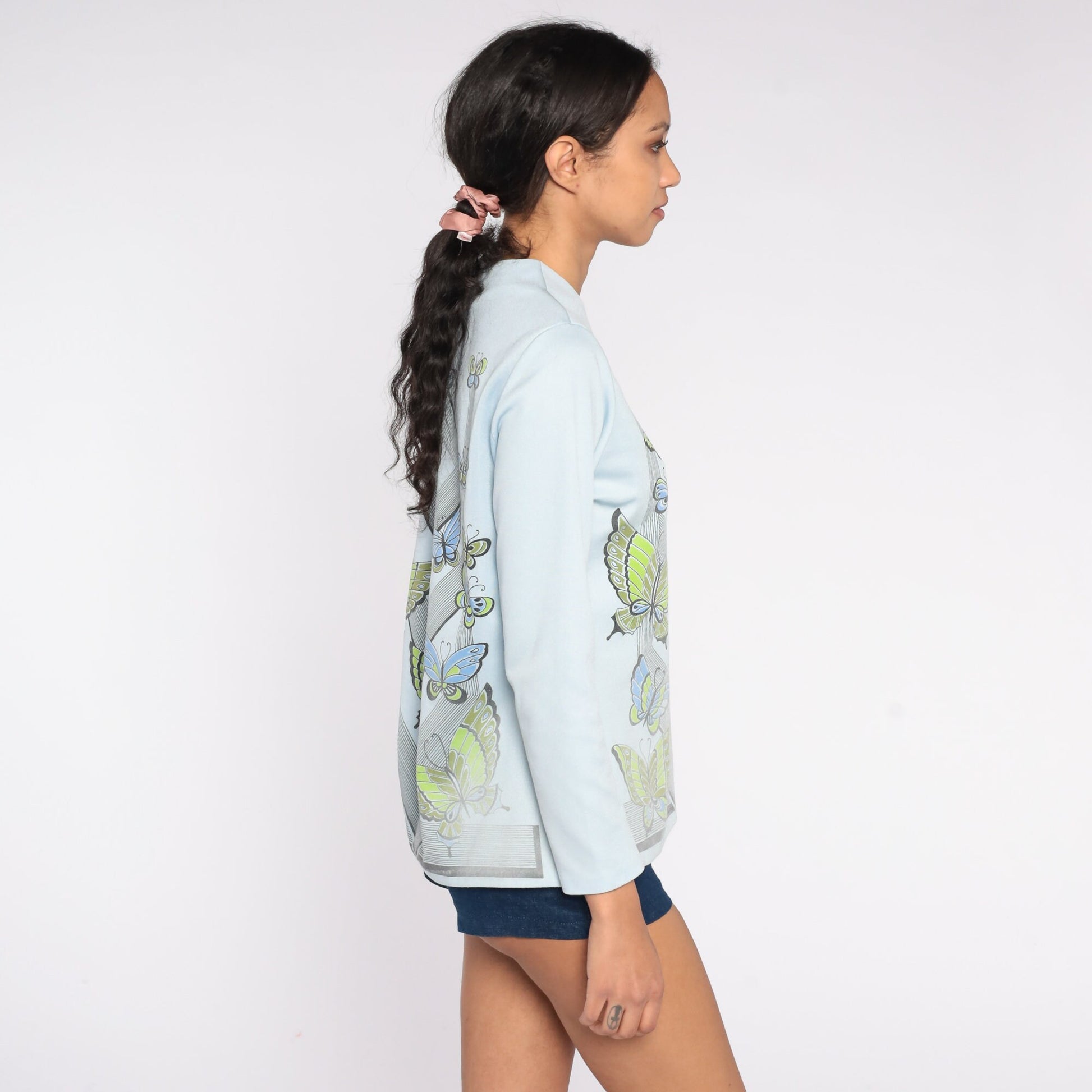 70s Butterfly Blouse Powder Blue Long Sleeve Graphic Shirt Medium