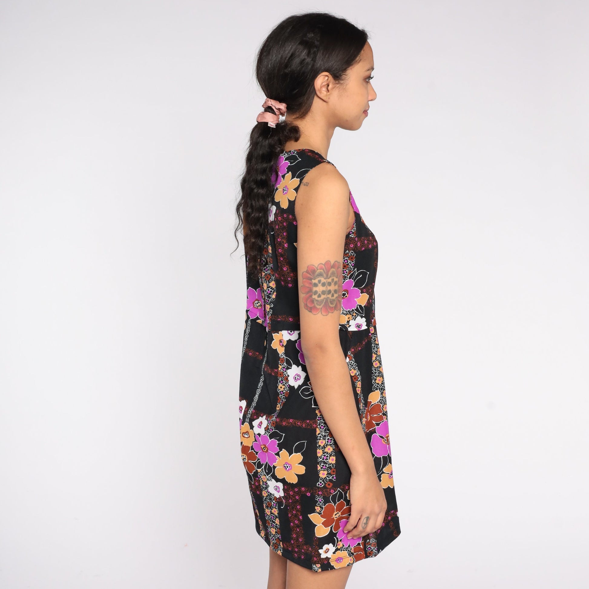 70s Black Floral Mini Dress Sleeveless A-Line Small
