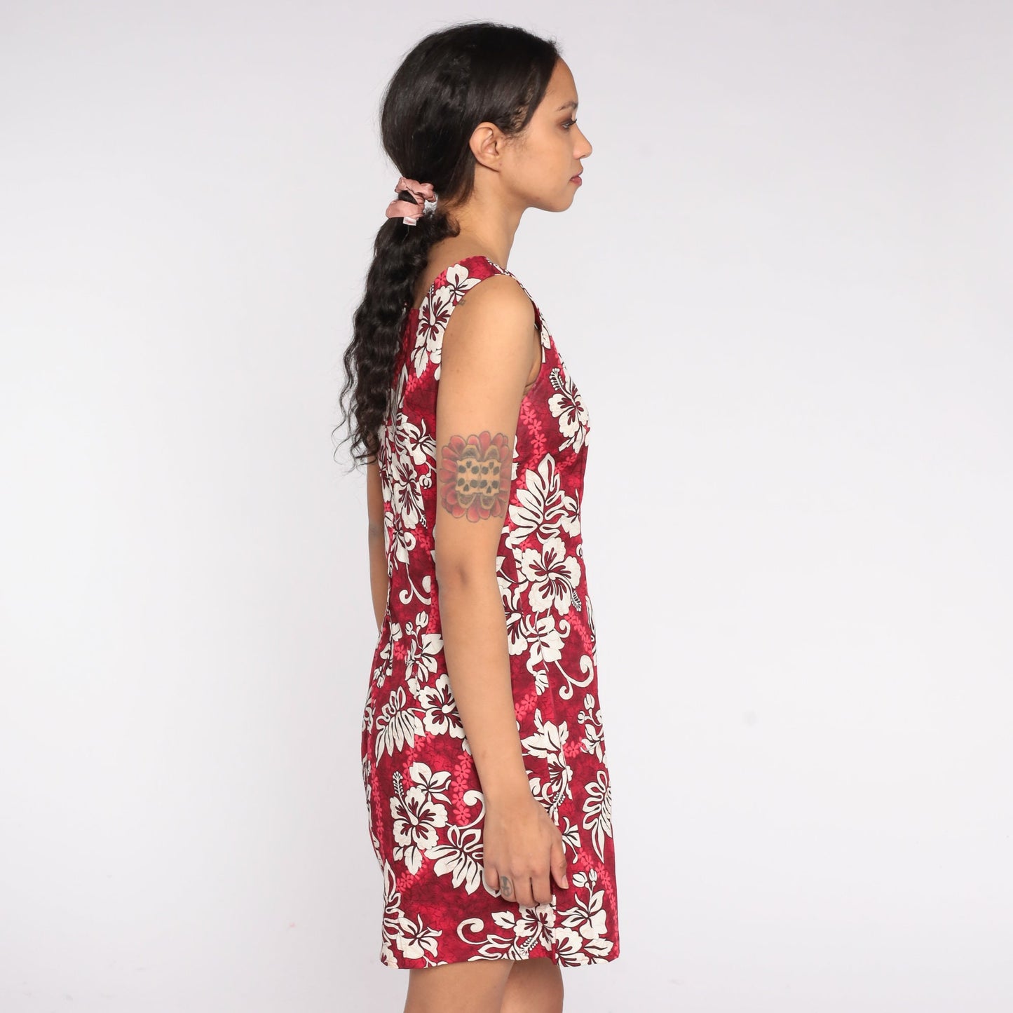 90s Hawaiian Floral Mini Dress Red Tropical Print Sleeveless Small S