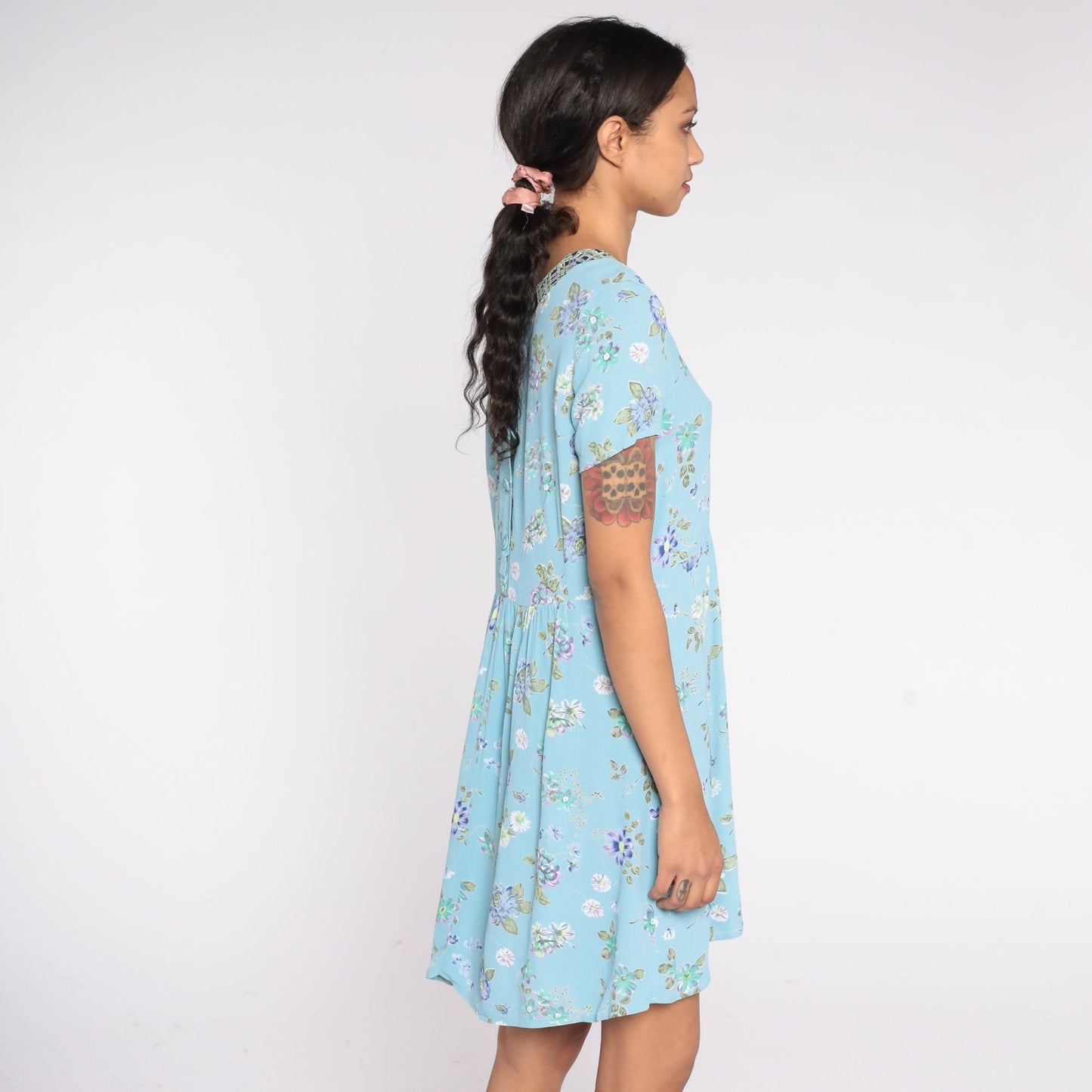 90s Baby Blue Floral Mini Dress Square Neck Short Sleeve Small