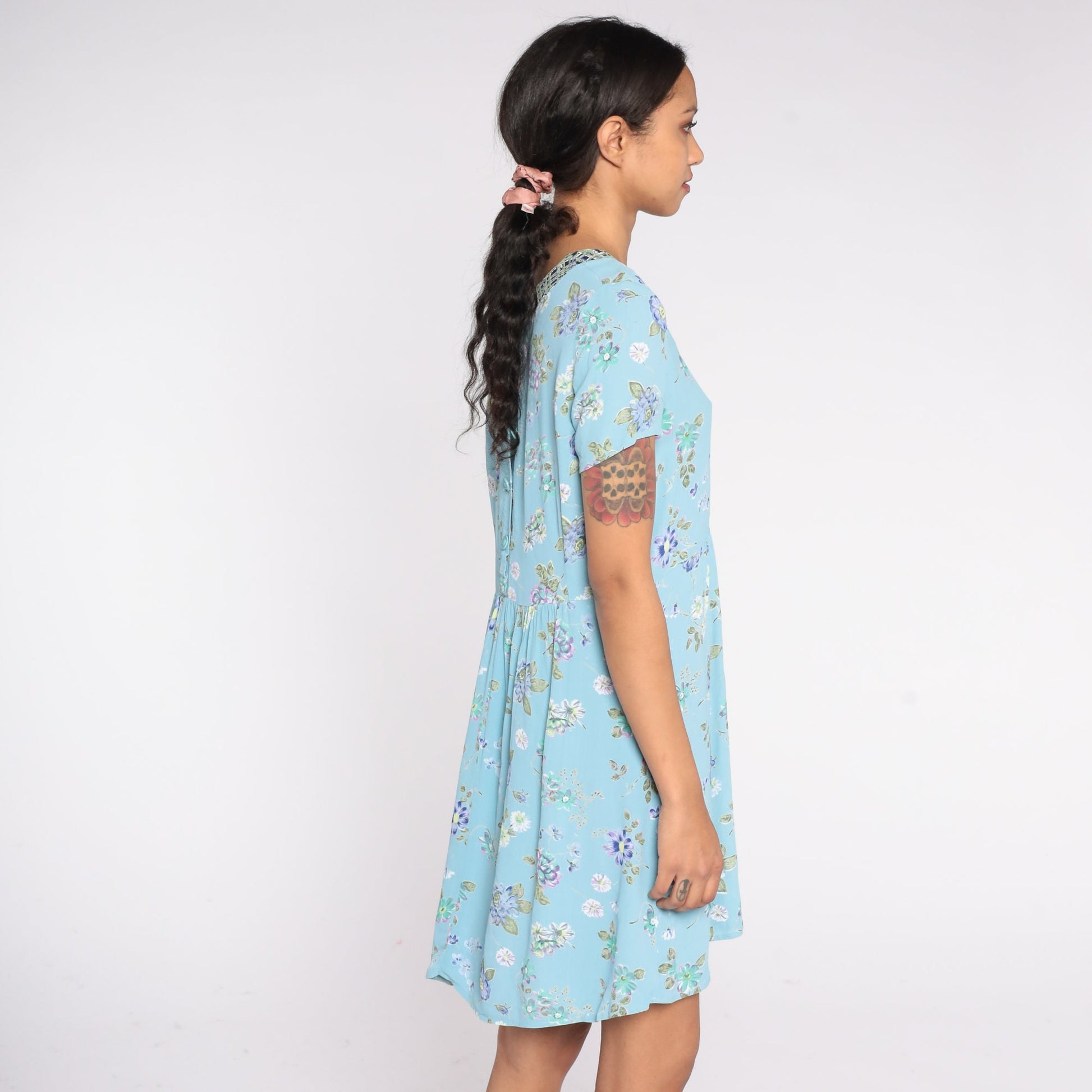 90s Baby Blue Floral Mini Dress Square Neck Short Sleeve Small