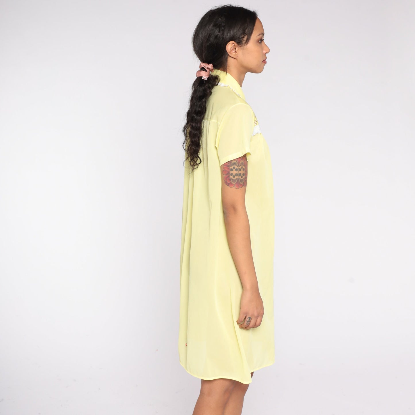 70s Yellow Semi Sheer Lounge Dress Floral Embroidery Mini Short Sleeve Medium