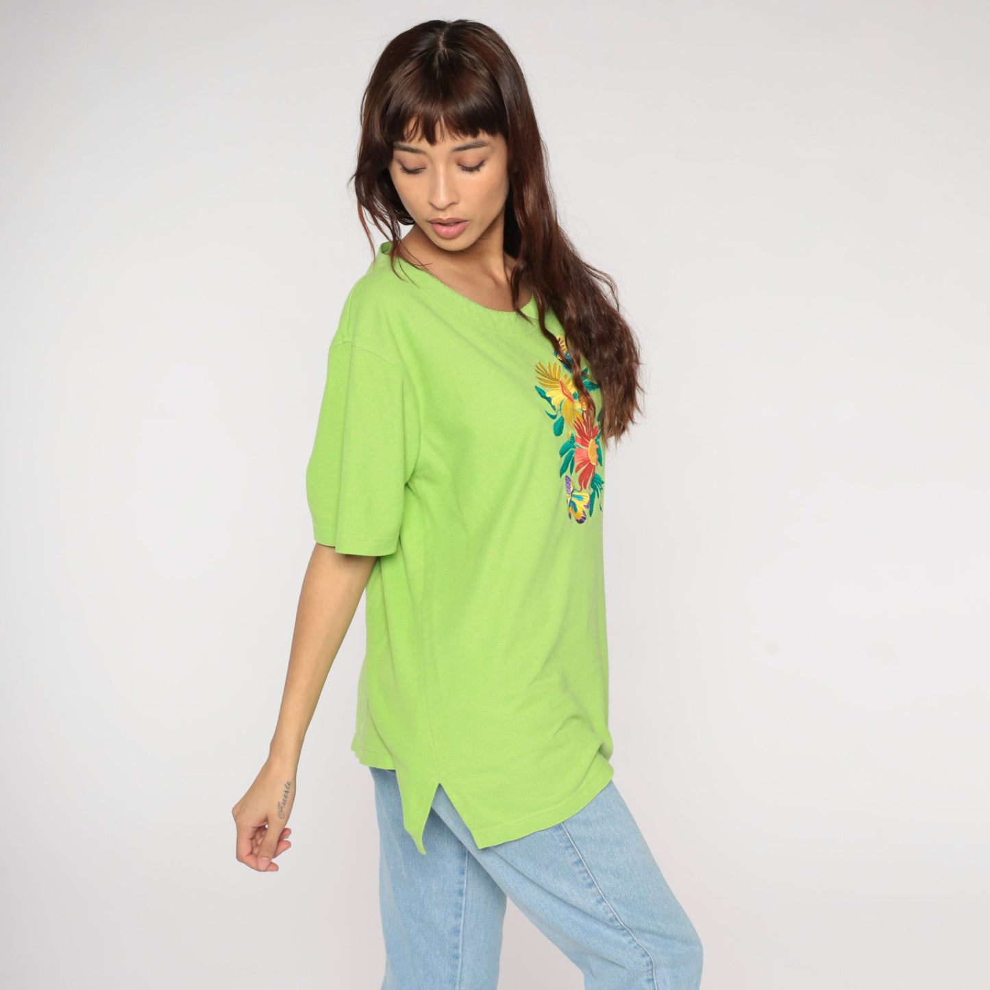 90s Lime Green Embroidered Butterfly Floral Woven Shirt Large