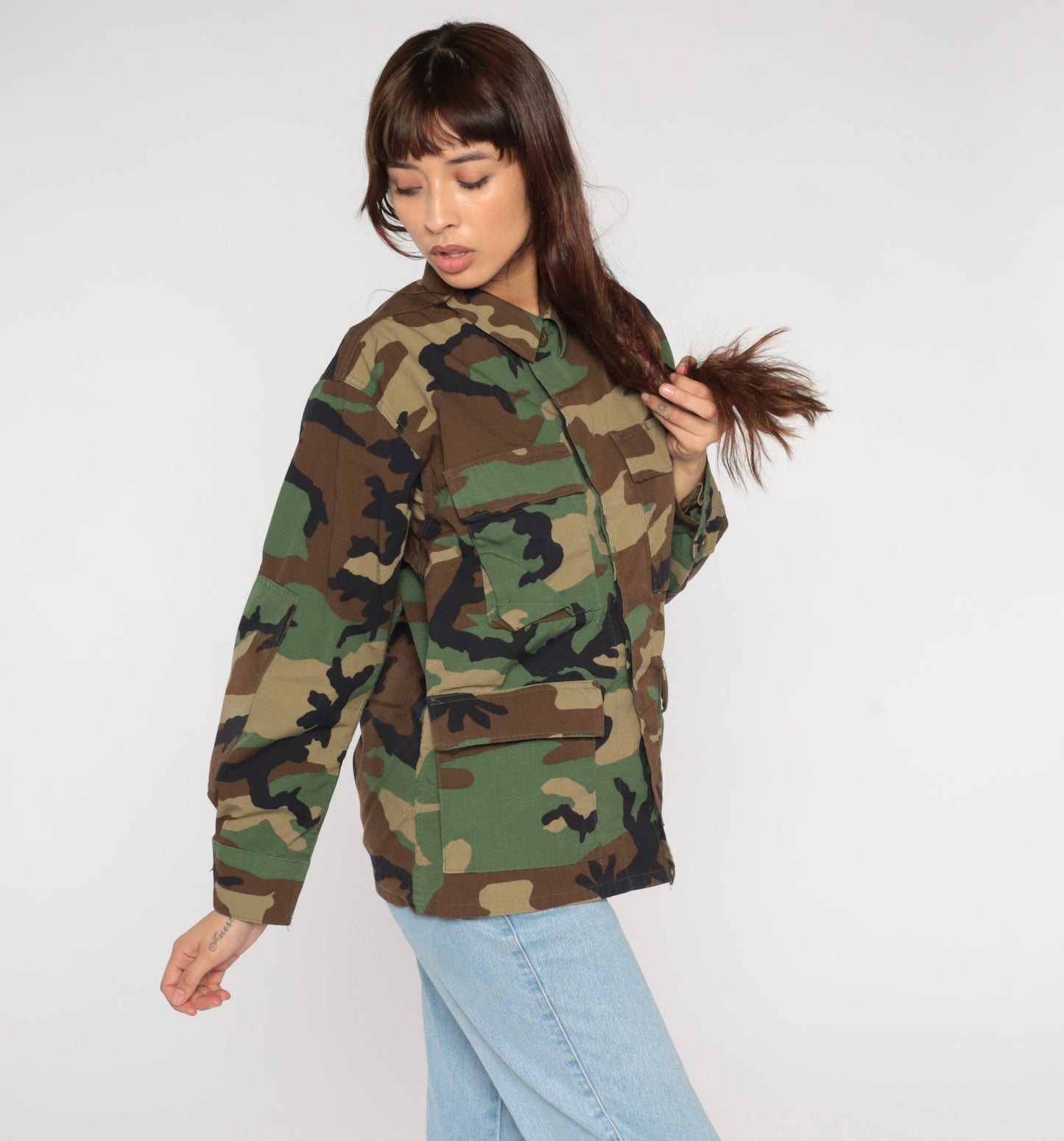 90s US Army Camouflage Button-Up Shirt Green Cargo Pockets Small