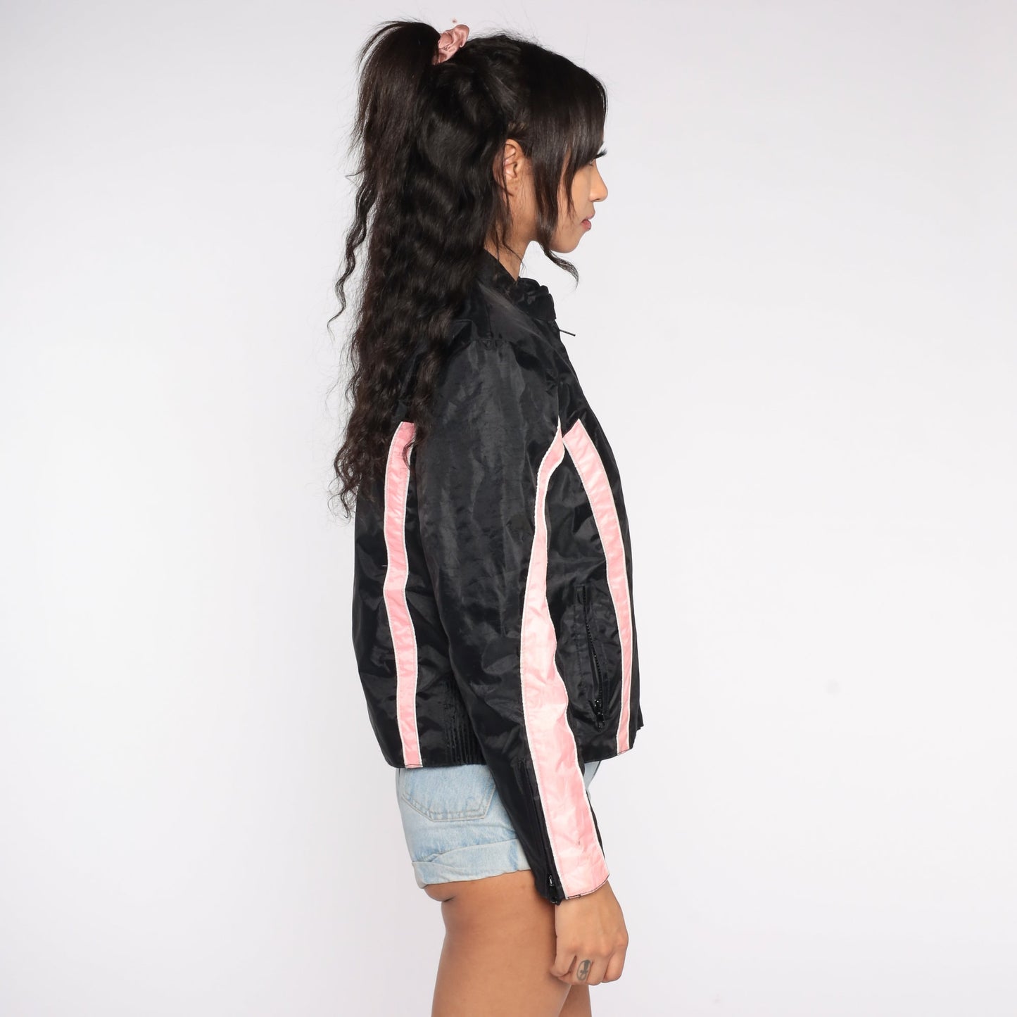 Y2K Black Moto Jacket Pink Stripes Biker Motorcycle Coat Small S