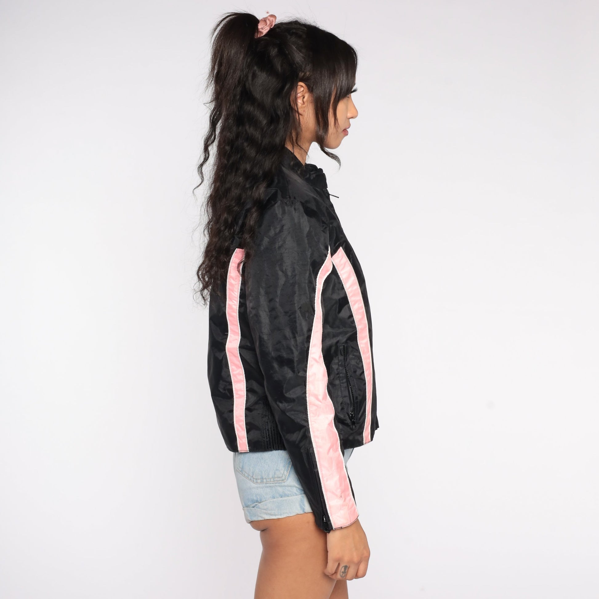 Y2K Black Moto Jacket Pink Stripes Biker Motorcycle Coat Small S