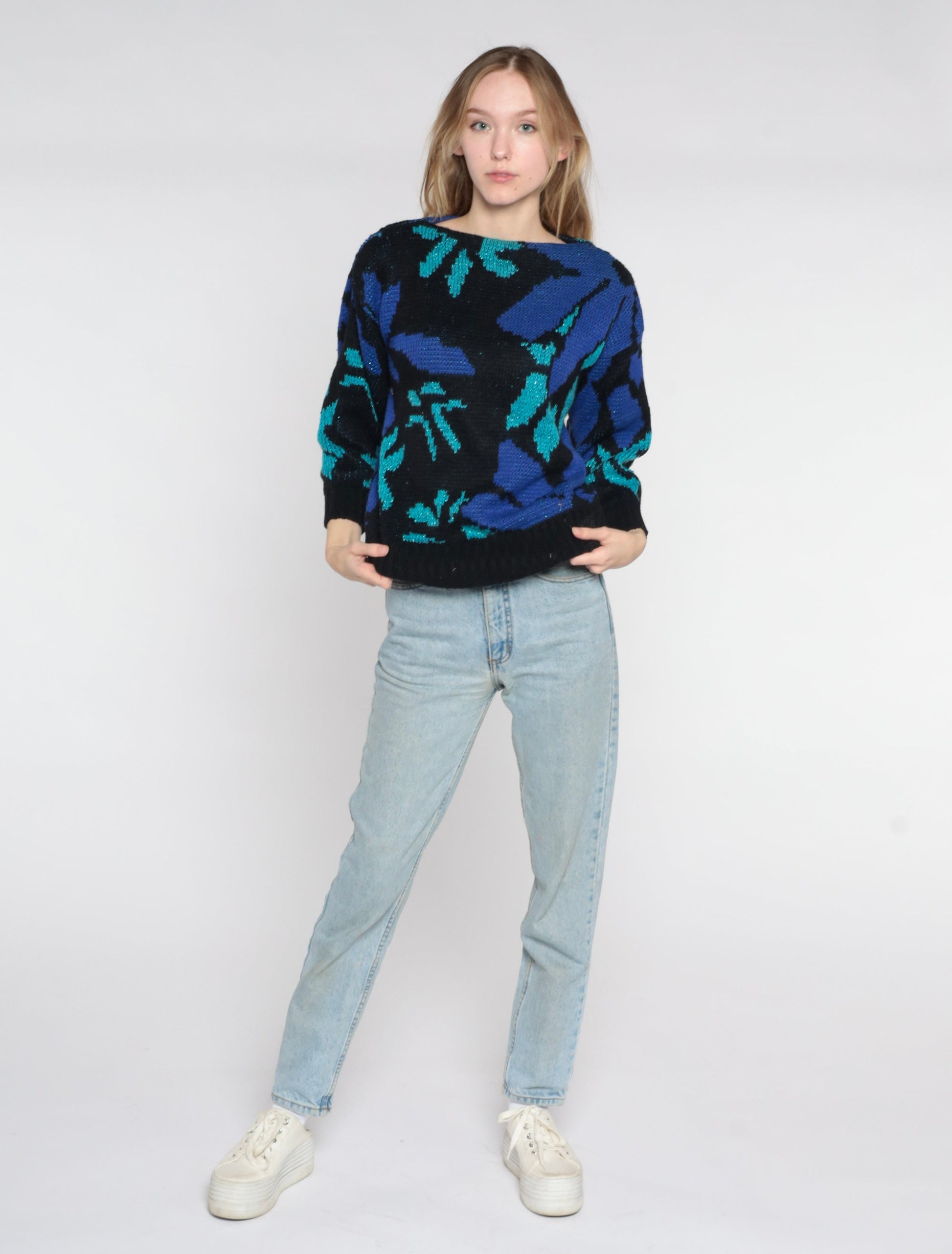 80s St. Michael Metallic Floral Knit Sweater Black Boat Neck Medium