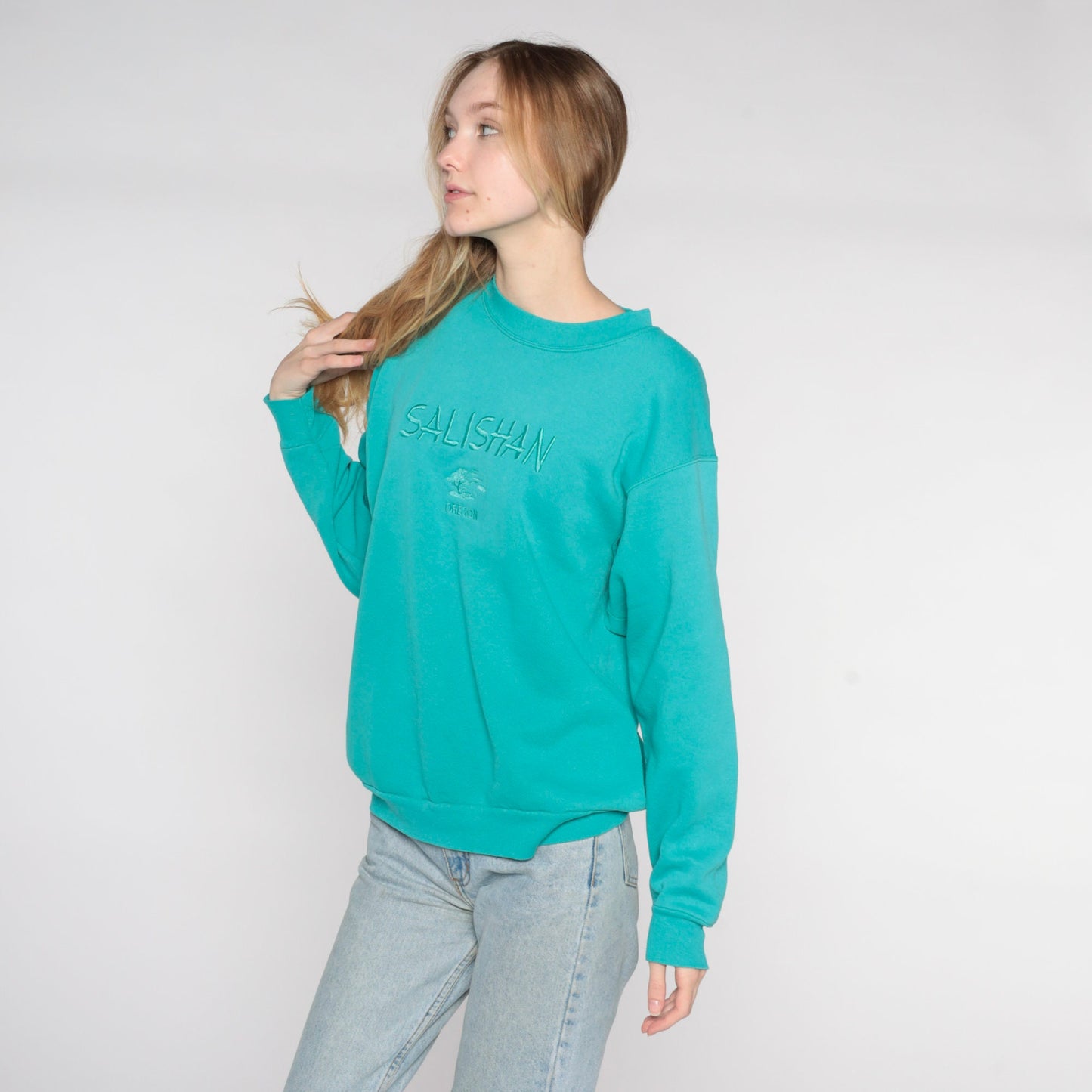 90s Salishan Oregon Gleneden Beach Spa Resort Embroidered Sweatshirt Teal Cotton Medium Large