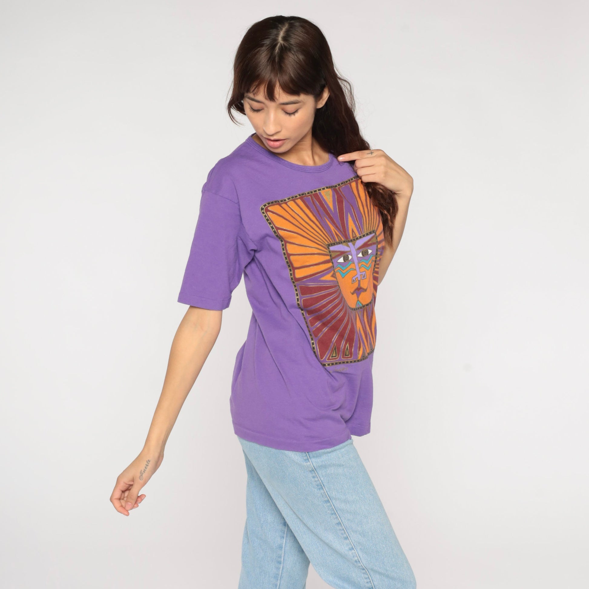 90s Laurel Burch Sun God Graphic T-Shirt Purple Cotton Medium