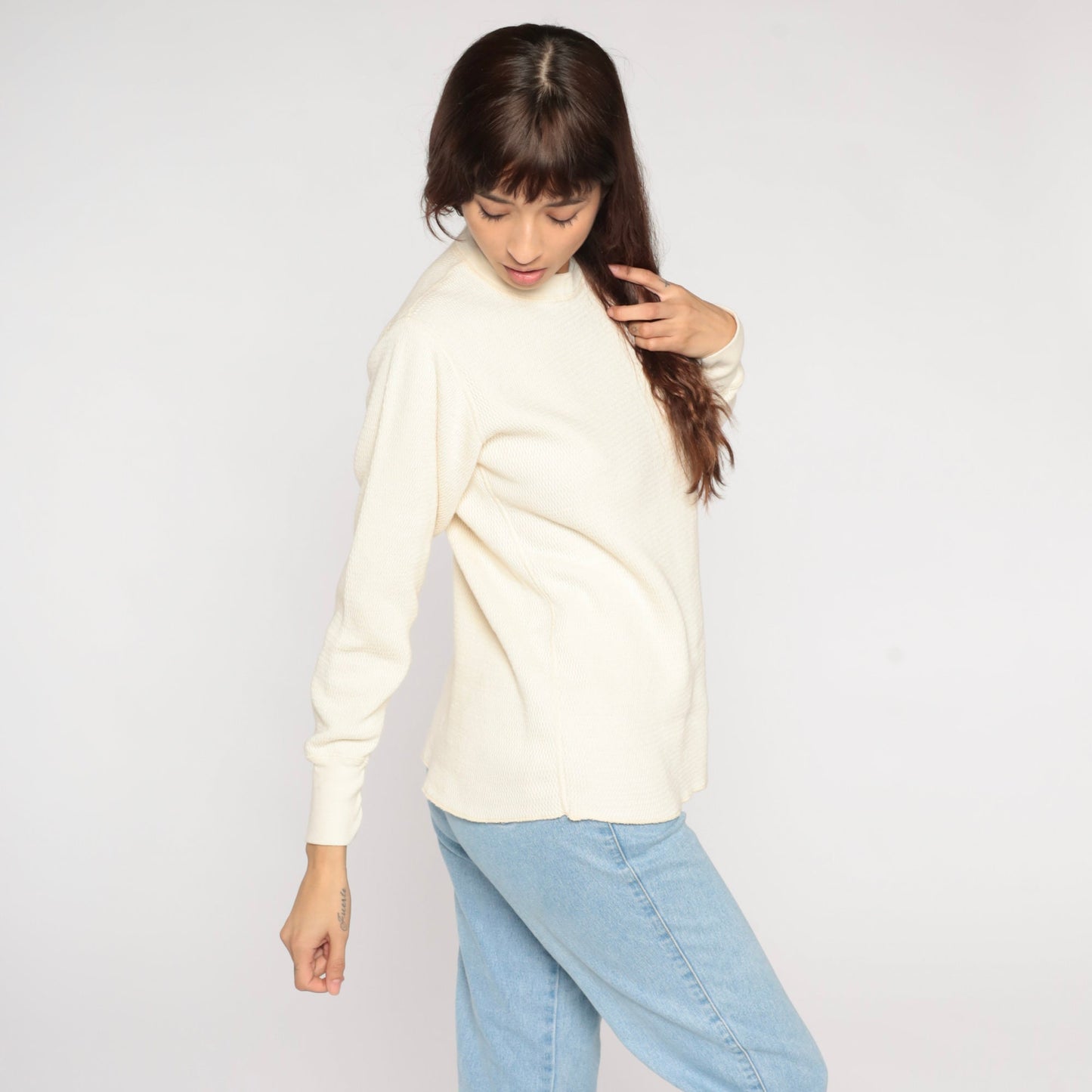 80s Off-White Thermal Waffle Knit Long Sleeve Shirt Cotton Large