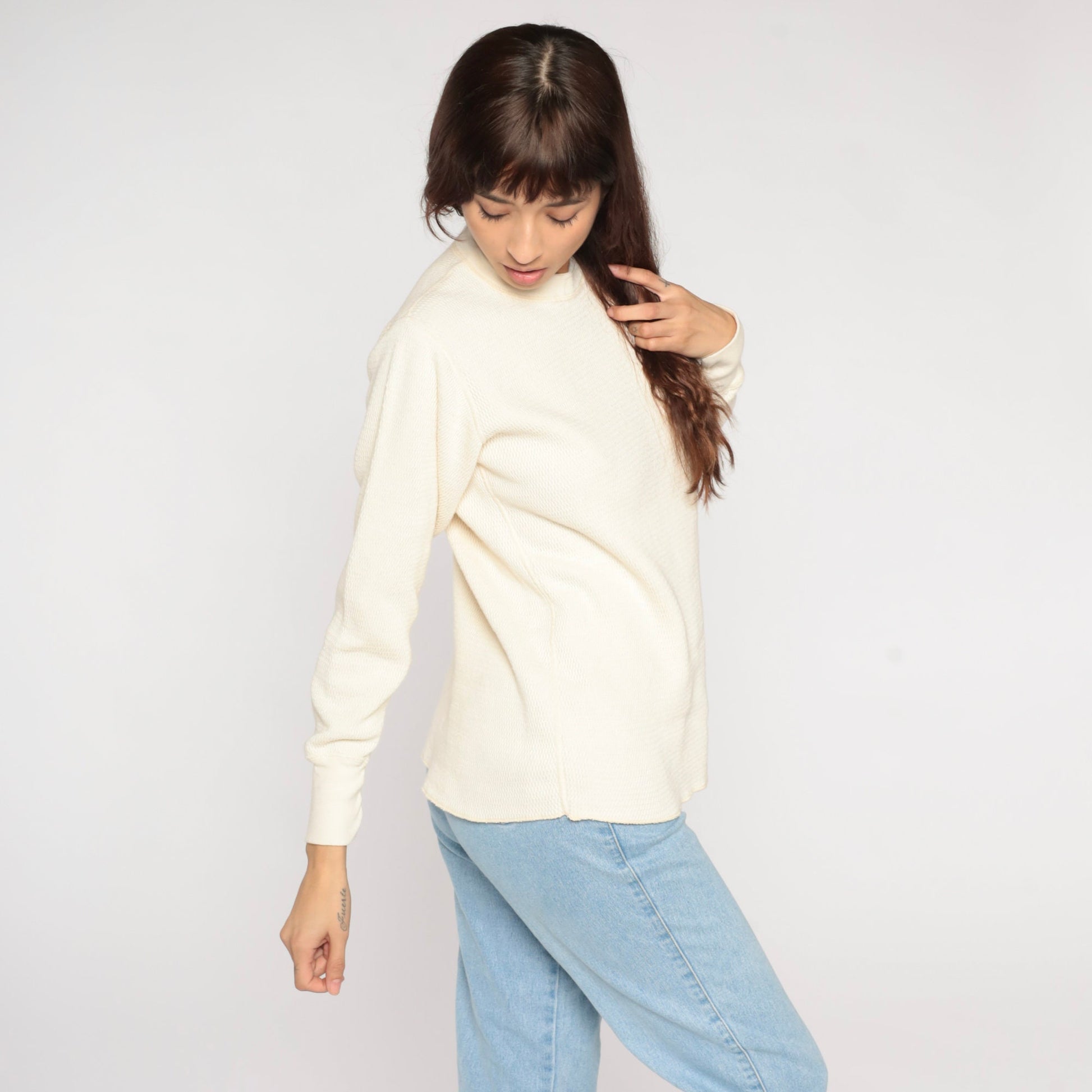 80s Off-White Thermal Waffle Knit Long Sleeve Shirt Cotton Large