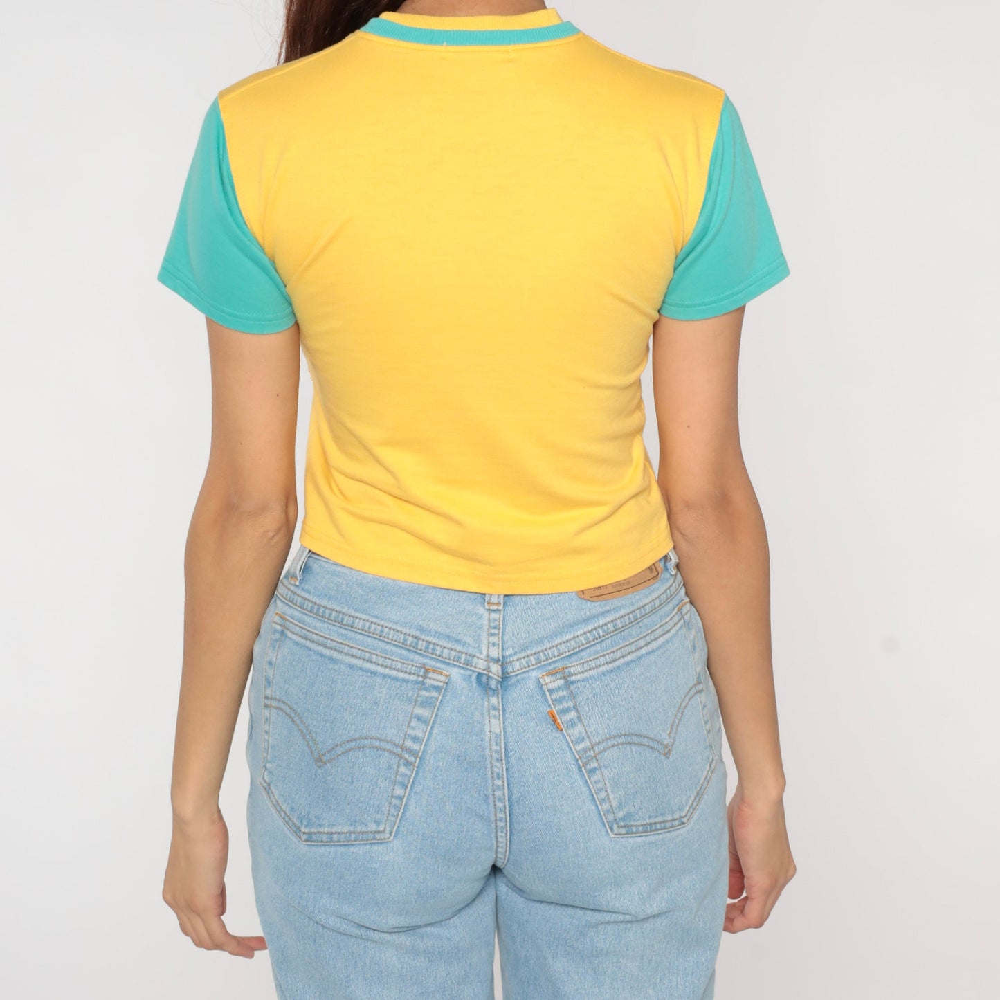 Y2K Sailor Bear Puzzle Graphic Crop Top Yellow Cotton Baby Tee Extra Small XS