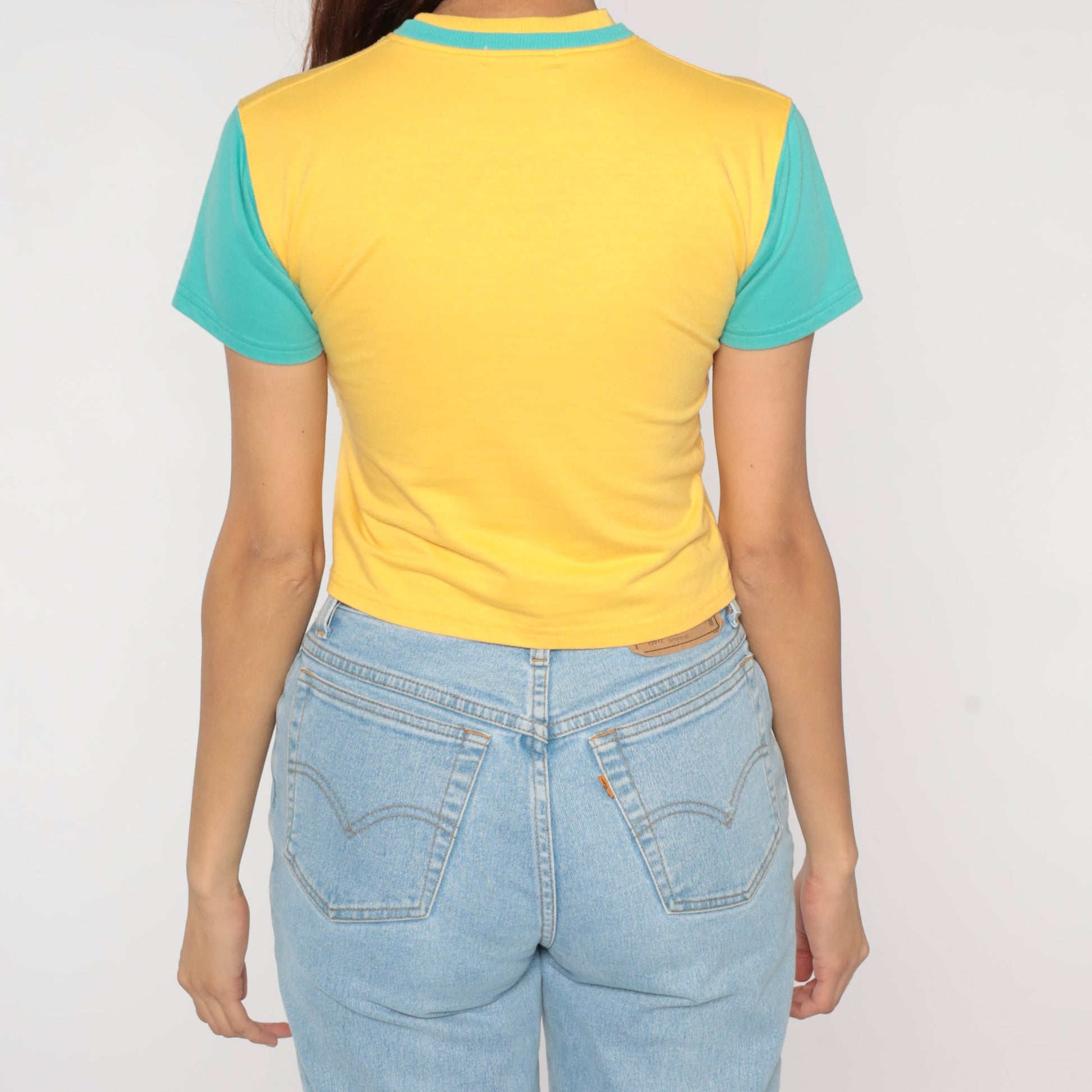 Y2K Sailor Bear Puzzle Graphic Crop Top Yellow Cotton Baby Tee Extra Small XS