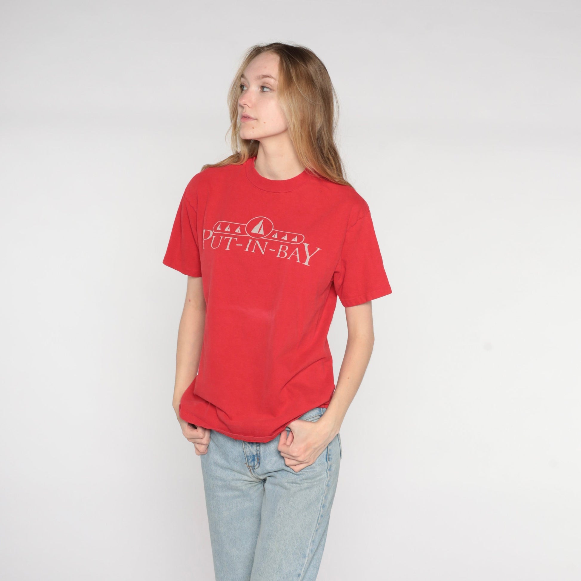 90s Put-In-Bay Ohio Sailboat Graphic T-Shirt Red Cotton Tee Medium
