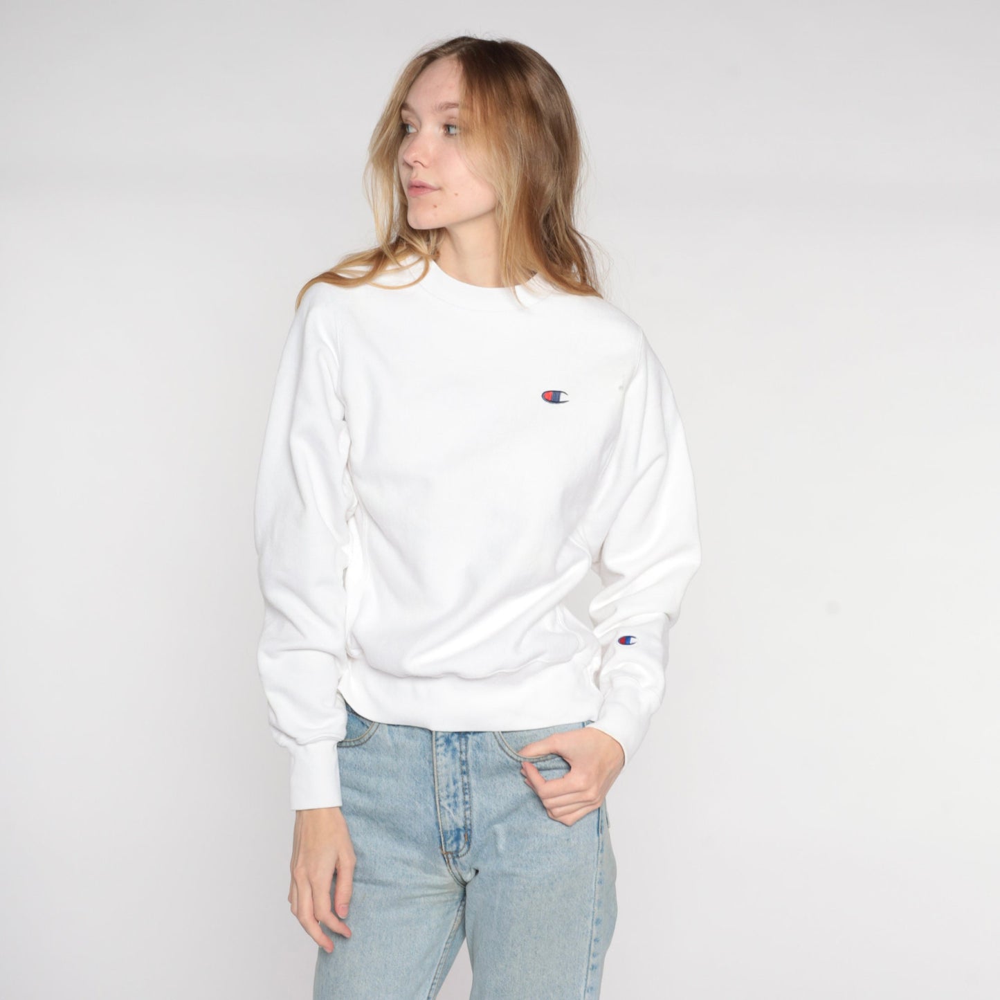 Y2K Champion White Crewneck Sweatshirt Plain Pullover Extra Small XS