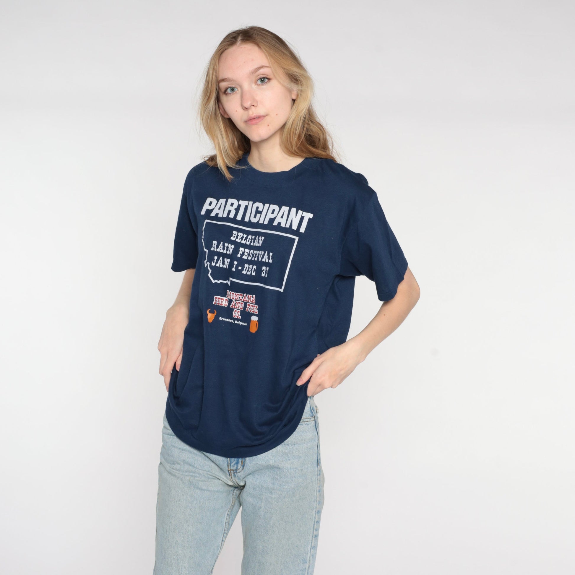 80s Belgian Rain Festival Participant Graphic Tee Navy Single Stitch Large