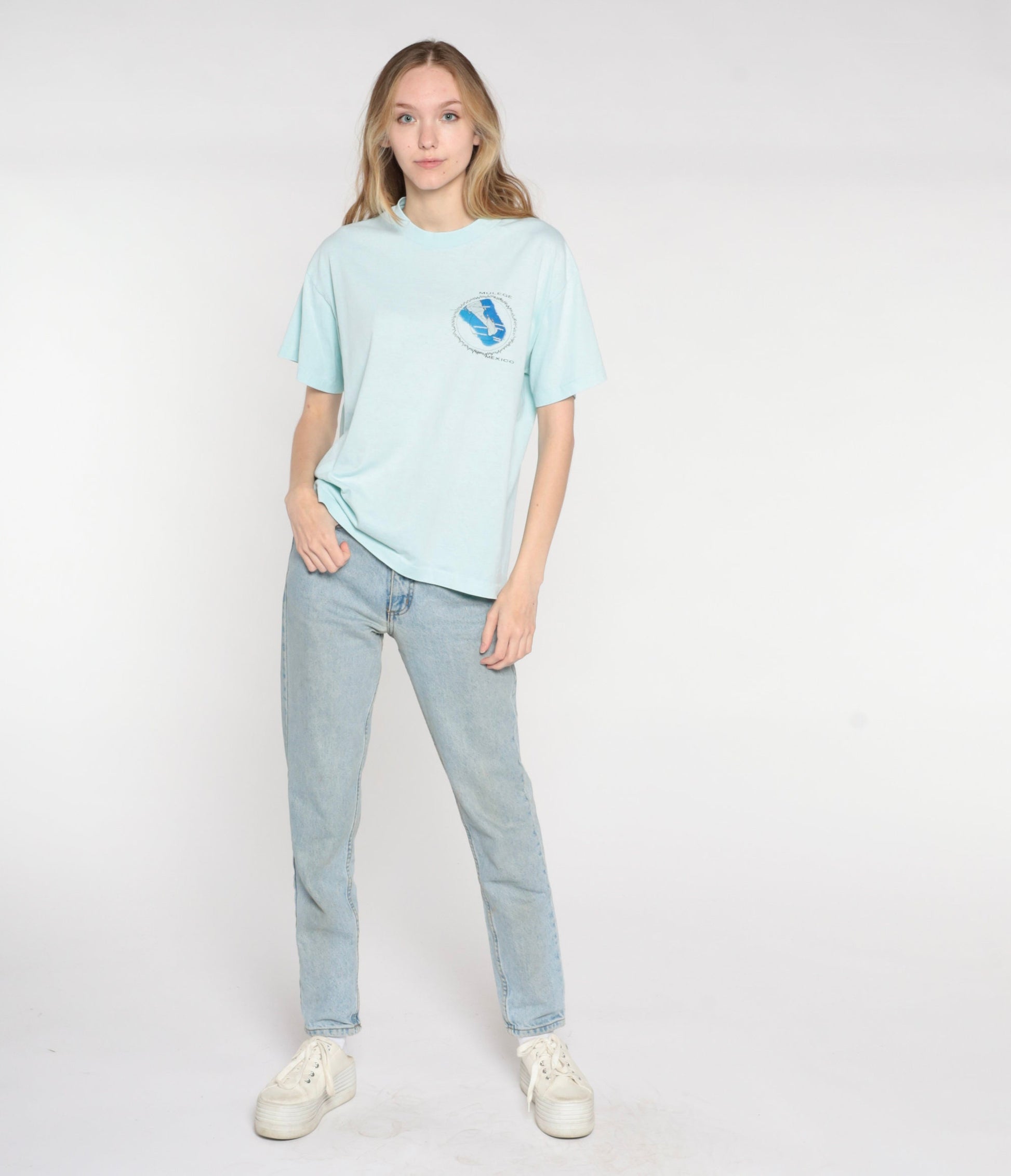 1991 Solar Eclipse Mulege Mexico T-Shirt Light Blue Graphic Tee Large L