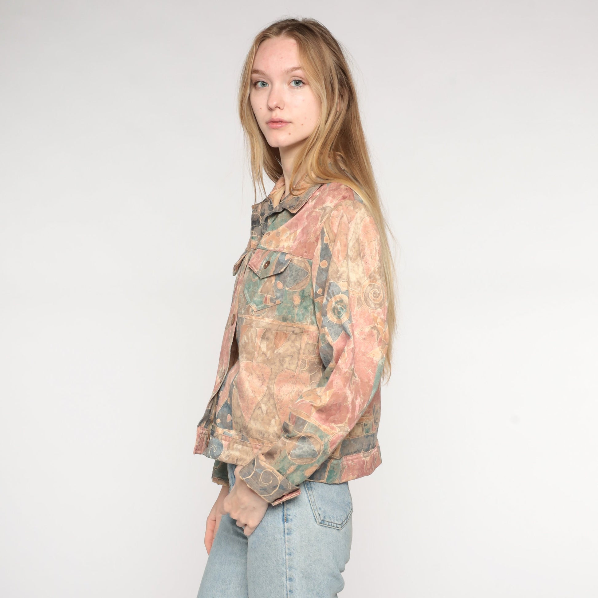 90s Abstract Fish & Tree Jacket Cropped Button Up Geometric Print Large L
