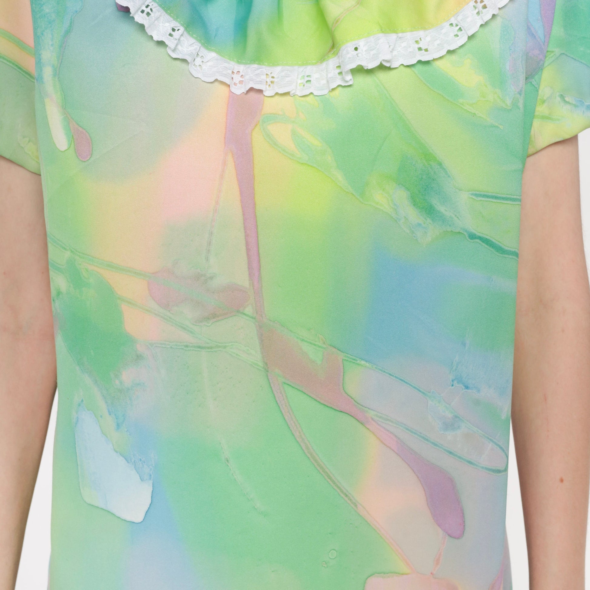 70s Psychedelic Watercolor Mini Dress Shift Ruffled Neckline Small