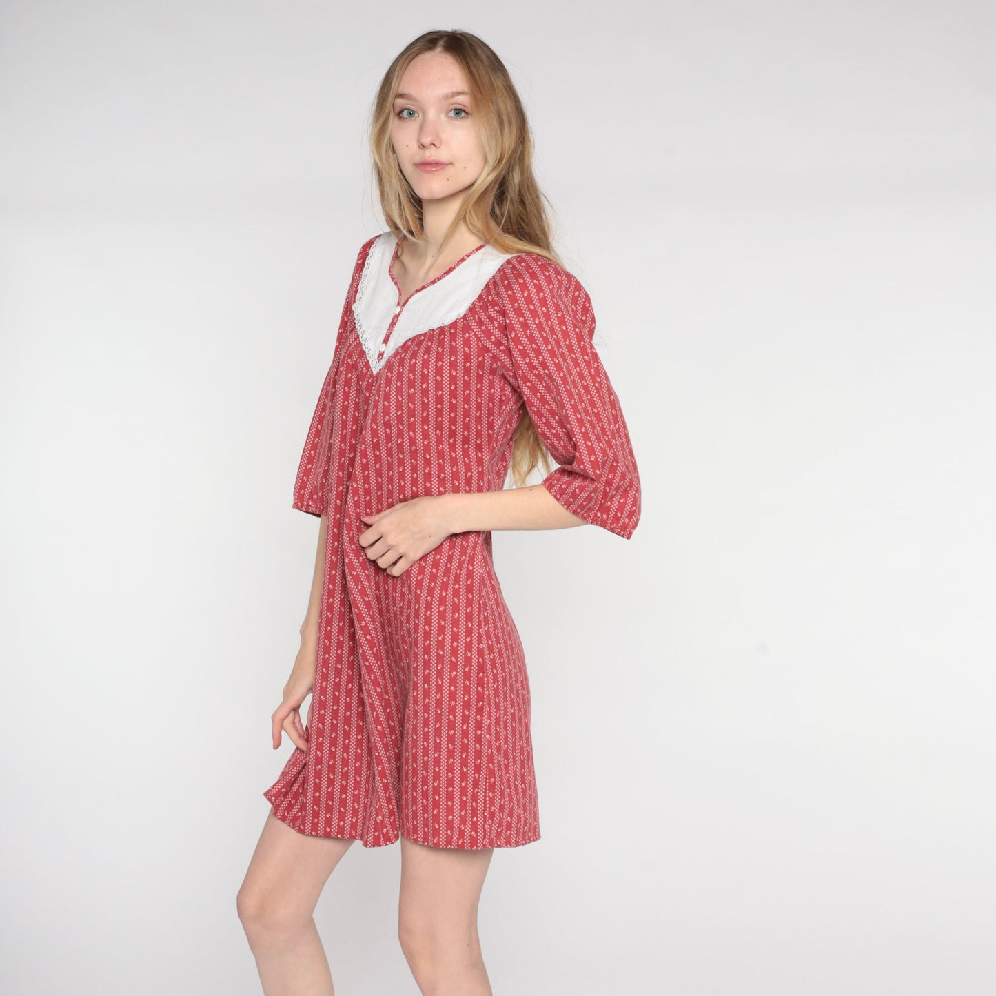 70s Red Floral Striped Mini Dress Lace Bib Peasant Short Sleeve Small