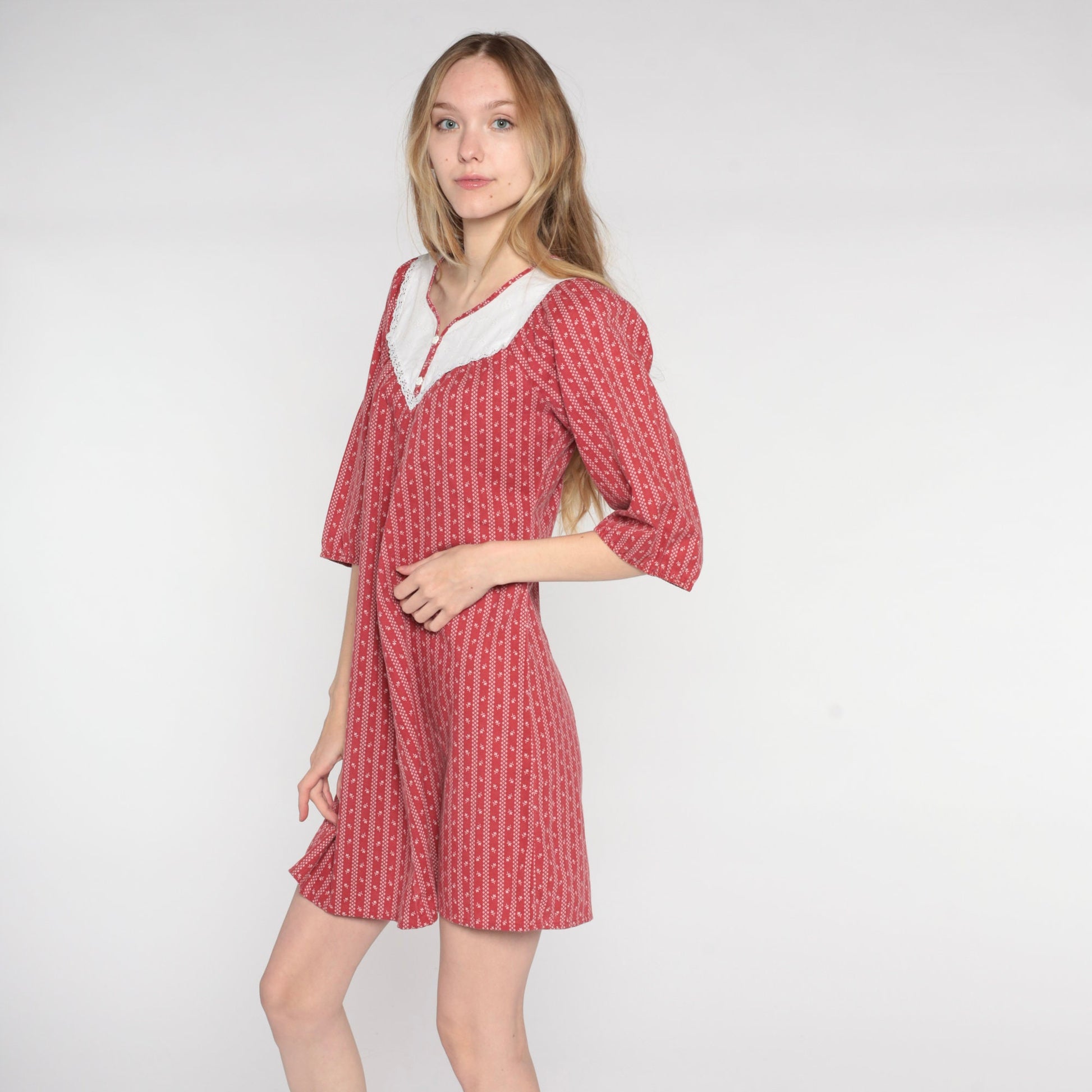 70s Red Floral Striped Mini Dress Lace Bib Peasant Short Sleeve Small