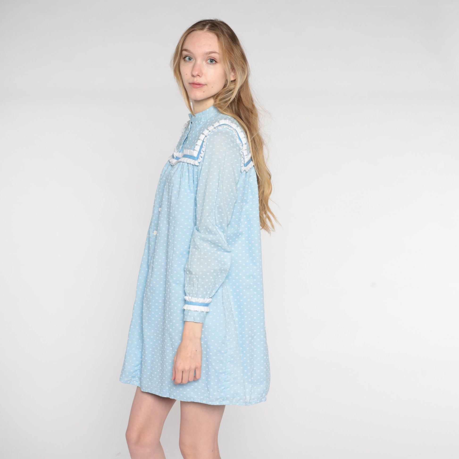 70s Baby Blue Polka Dot Mini Dress Heart Buttons Ruffled Bib Long Sleeve Small Medium