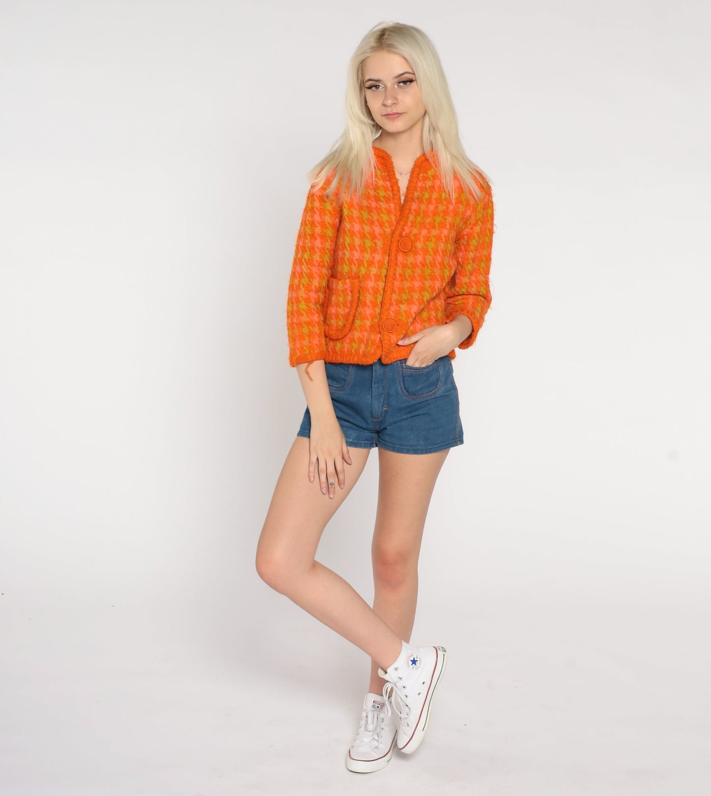 60s Orange Houndstooth Wool Blazer Three-Quarter Sleeve Jacket Extra Small