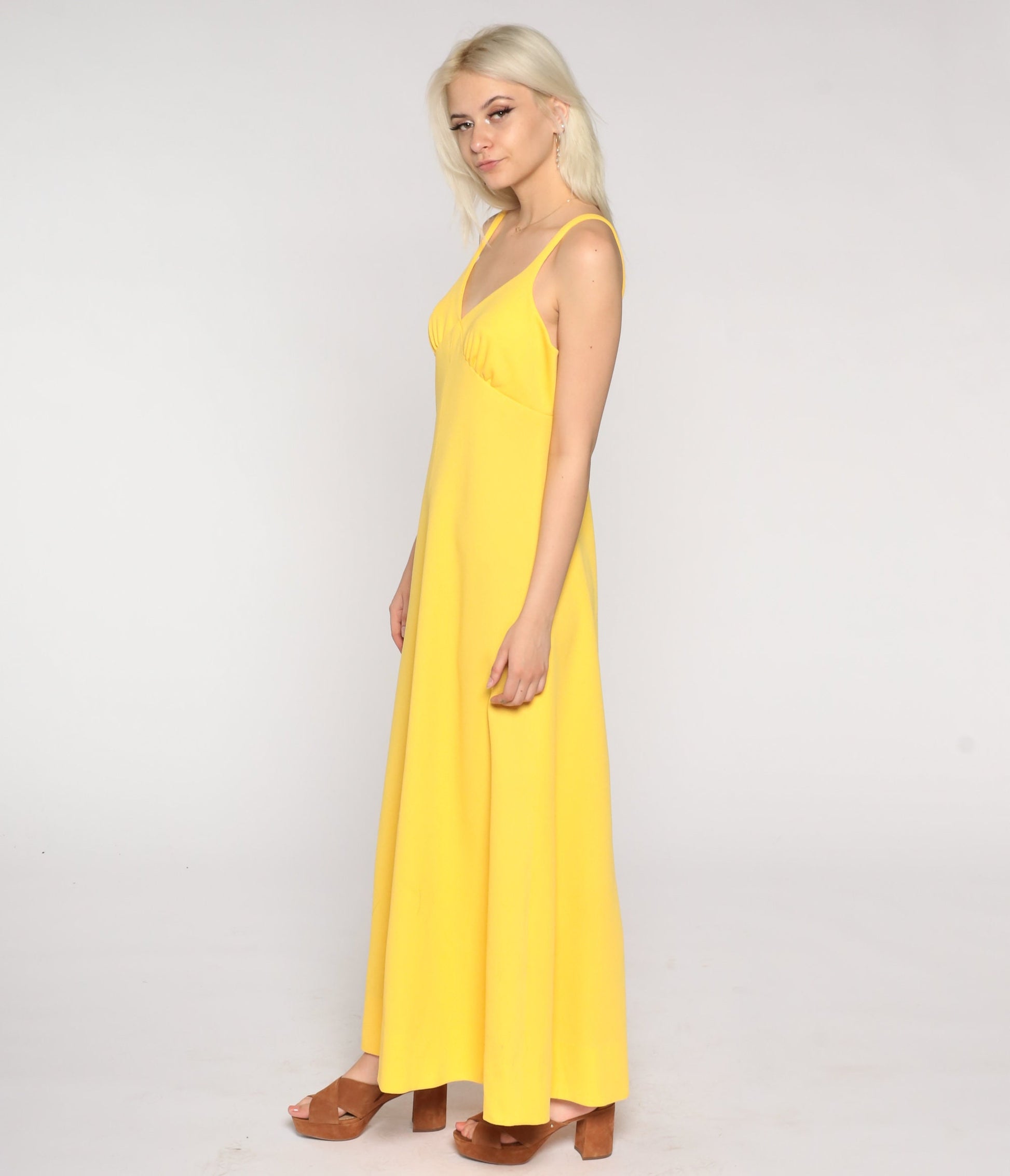 70s Yellow Maxi Dress Empire Waist Sleeveless A-Line Medium