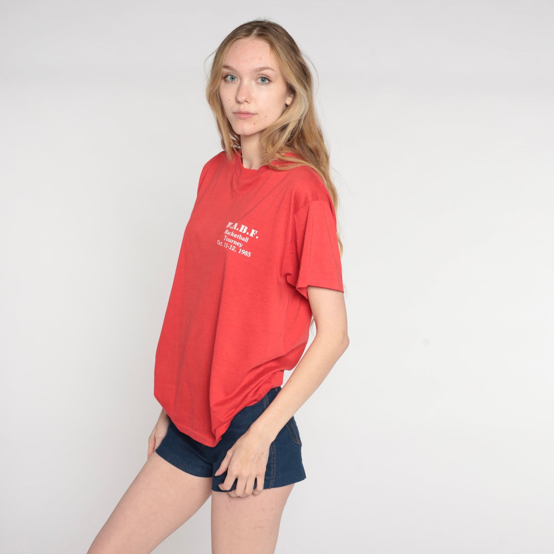 1985 WABF Racketball Tournament Graphic T-Shirt Red Single Stitch Medium