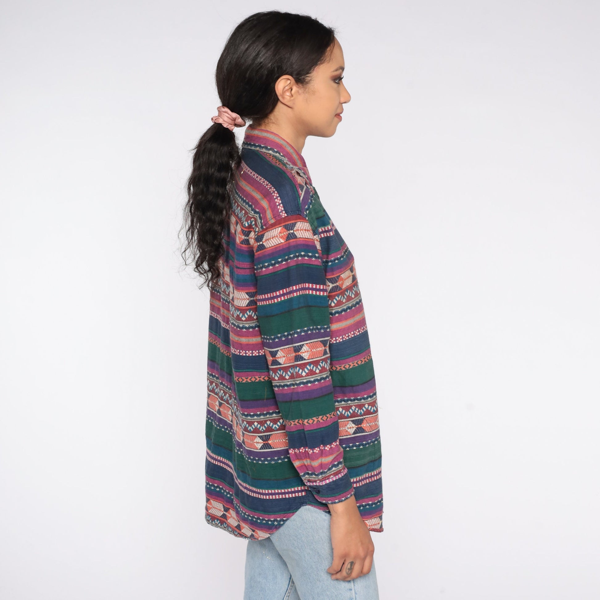 90s Striped Metallic Button-Up Shirt Geometric Print Long Sleeve Small S