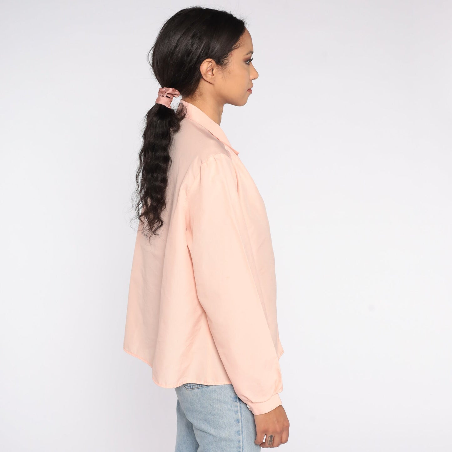80s Peach Button-Up Blouse Collared Long Sleeve Shirt Extra Large XL