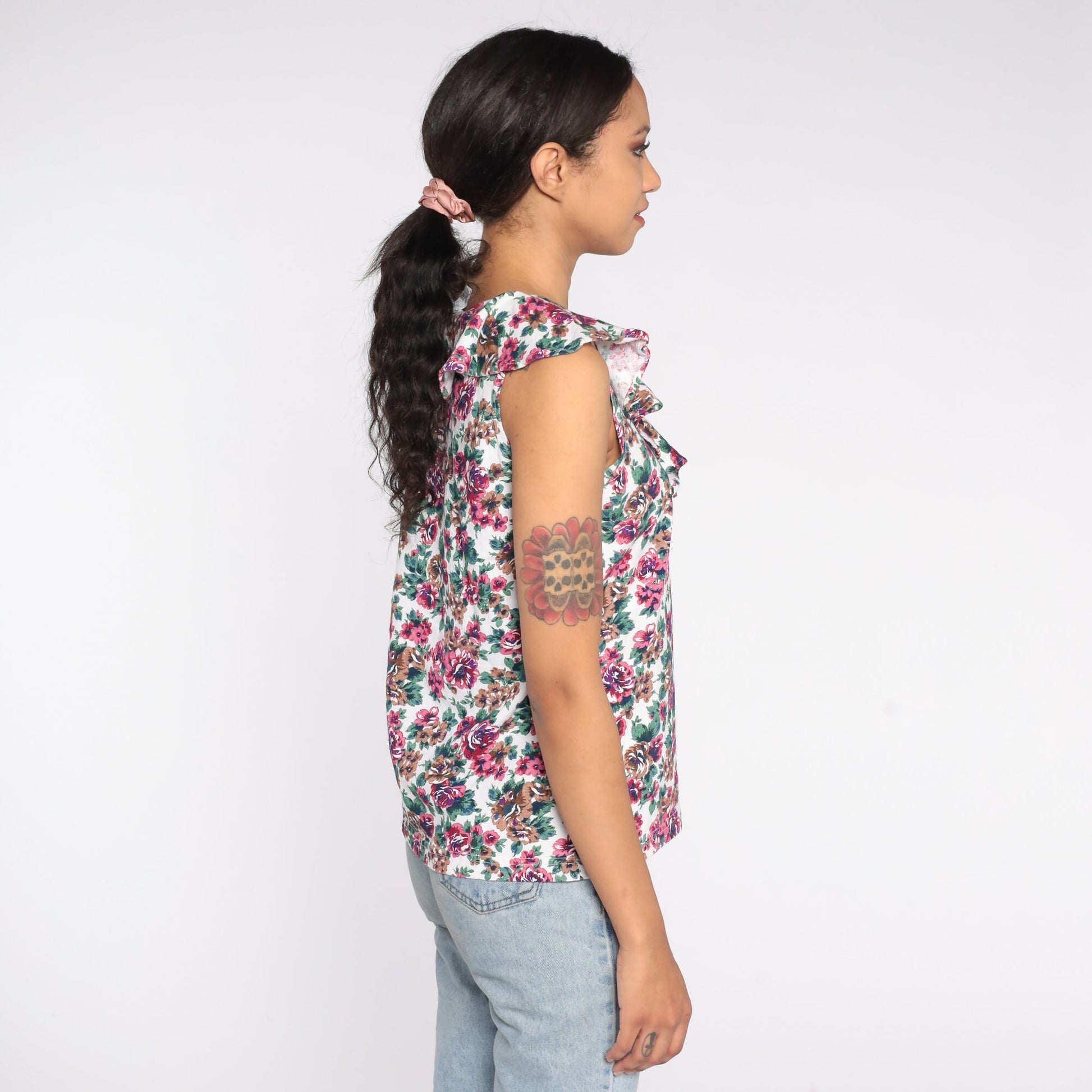 90s Floral Tank Top Ruffled Keyhole Sleeveless Blouse Medium M