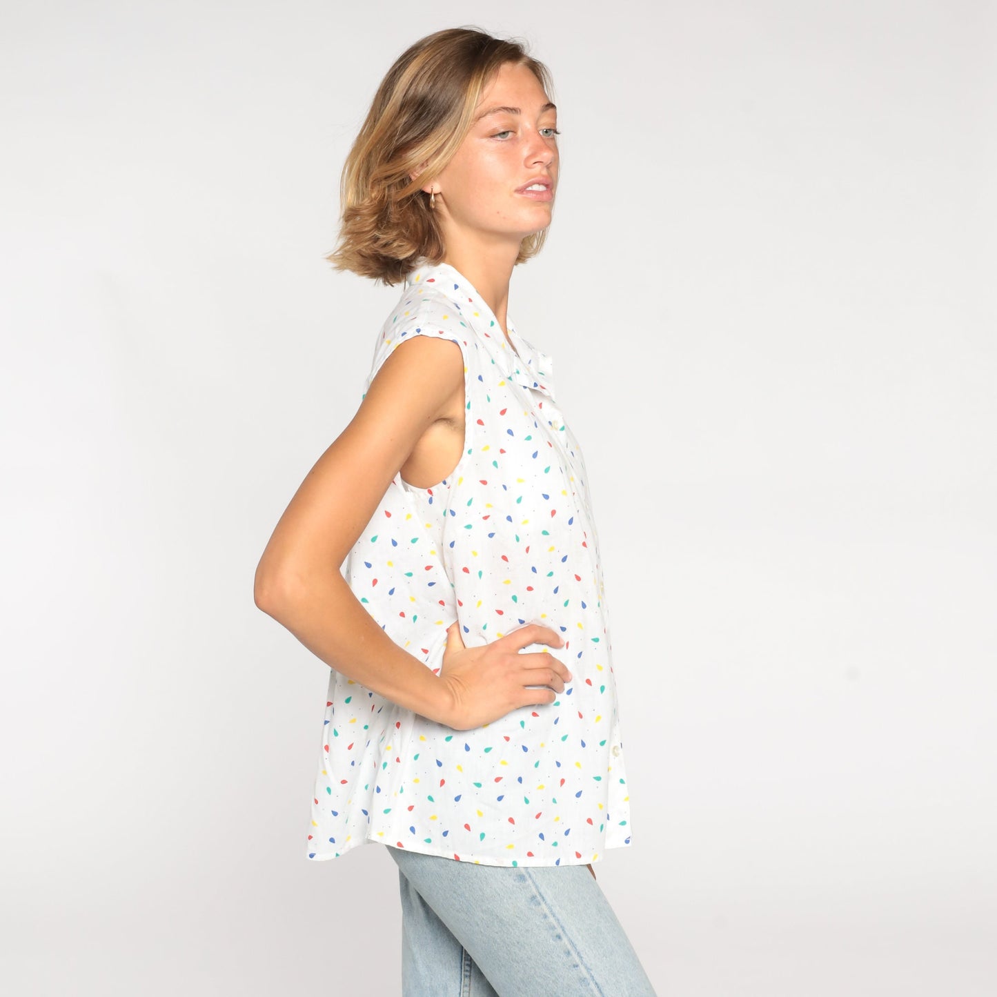 80s Confetti Print White Button-Up Sleeveless Blouse Collared Tank Large