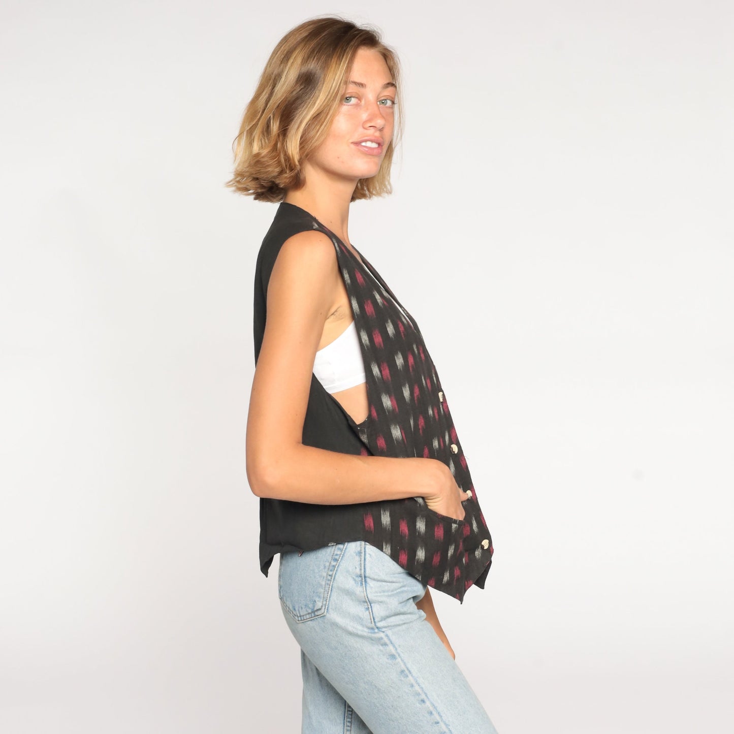 90s Black Ikat Print Button-Up Vest Cotton Sleeveless Medium