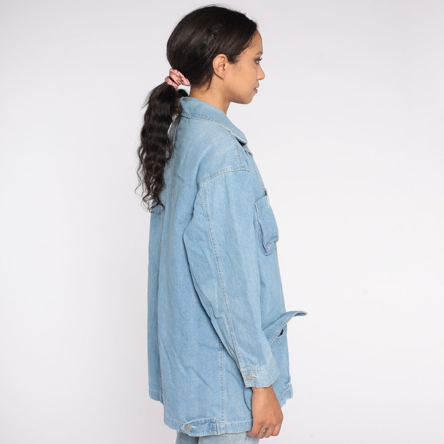 90s Light Wash Denim Cargo Jacket Blue Jean Collared Zip Small