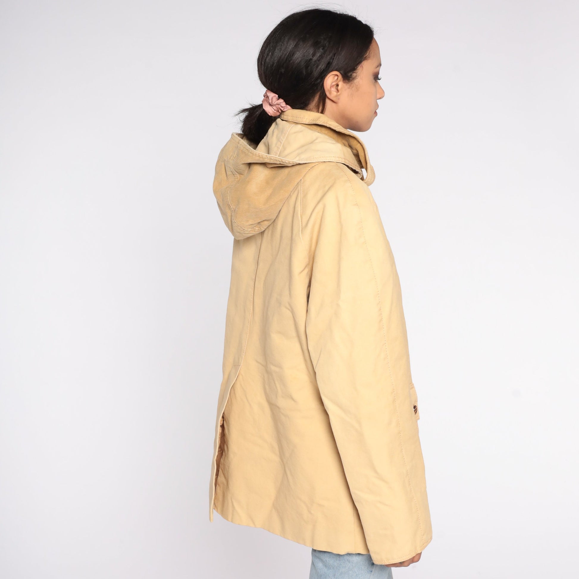 70s Tan Hooded Winter Jacket Removable Corduroy Hood Lined Parka Large