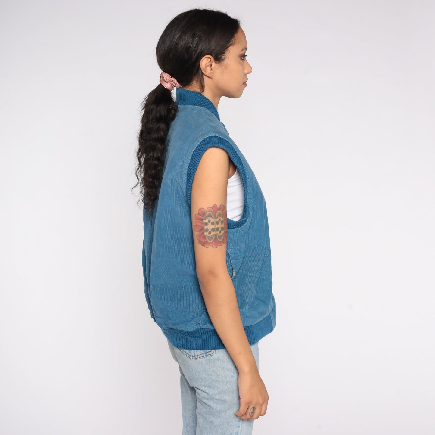 80s Blue Corduroy Puffer Vest Insulated Zip Sleeveless Large